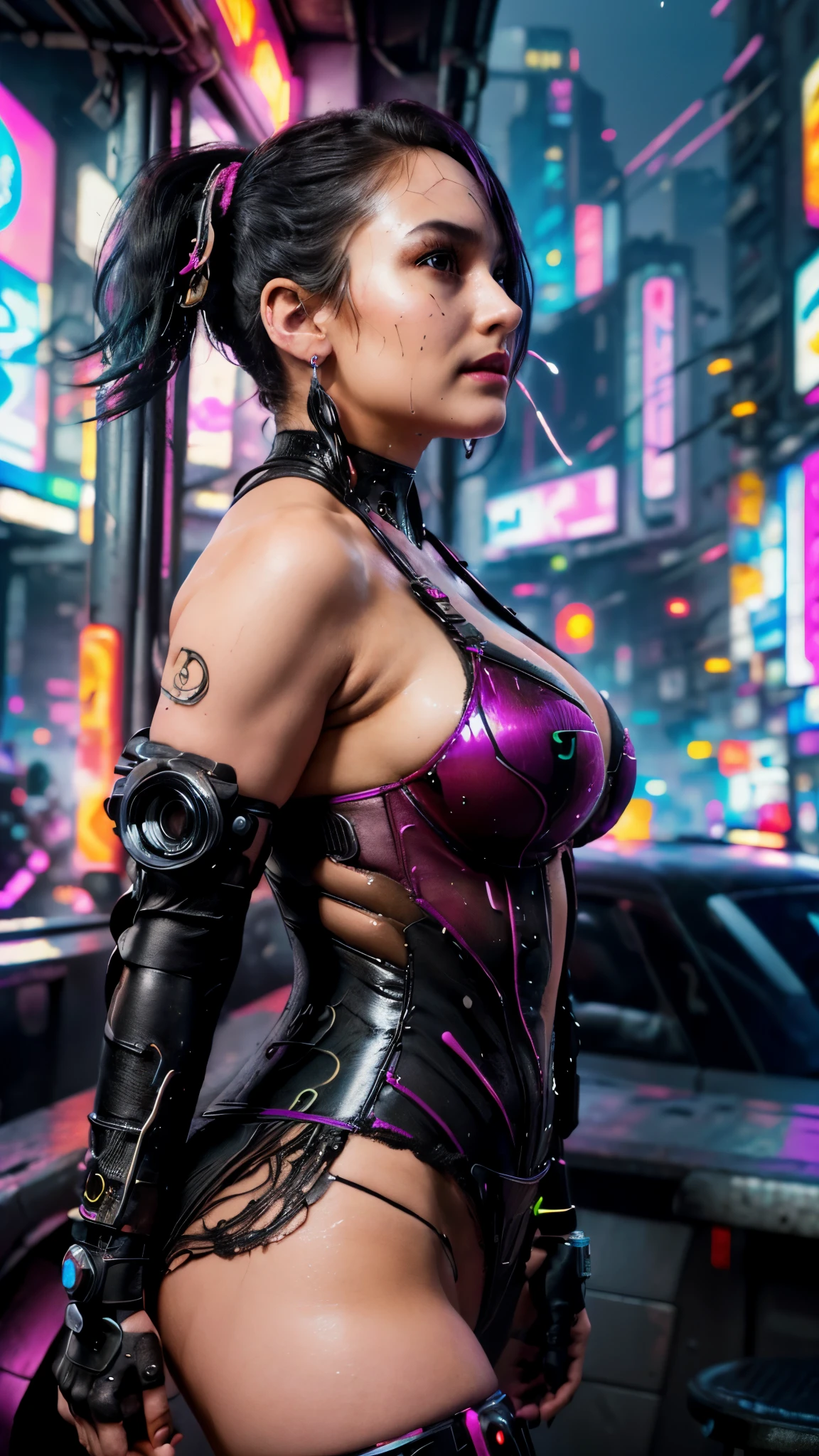 (((Cyberpunk))),ultra realistic 8k cg, picture-perfect face, flawless, clean, masterpiece, professional artwork, famous artwork, perfect face, beautiful face, beautiful eyes, ((perfect female body)), solo, blush,seductive expression,extremely detailed_eyes,((cyberpunk lingerie : 1.2)), short hair,, beautifully detailed background,depth of field,,bdsm,skindentation,(soft red lipstick), ((short girl)), ((side view photo : 1.4)), (glossy skin), (earrings, bracelet:1.2), ((firm breasts)), (in a cyberpunk city), (wearing cyberpunk outfit : 1.2), (gigantic breasts), ((night time)), (smile), (a lot of sperm liquid on her face : 1.4), (look at camera :1.2), (close up photo)