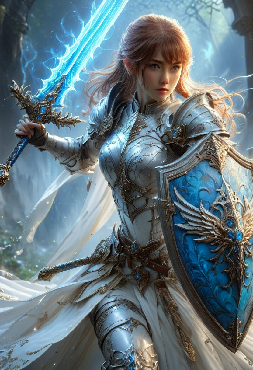 1girl,Swordsman,Sword and shield,(best swordsmanship, skilled swordsman,sword fighting expert,ethereal swords,forcefield defense:1.2),(great detail,ultra detailed,sharp focus,highres),(fantasy,illustration),(detailed armor,glistening metal),(epic battle,action scene),(mystical aura,magical warrior),(intense focus:1.1),brilliant colors,vivid colors,fiery background,strong poses,(dynamic movement,acrobatic combat),(heroic expression,determined look)