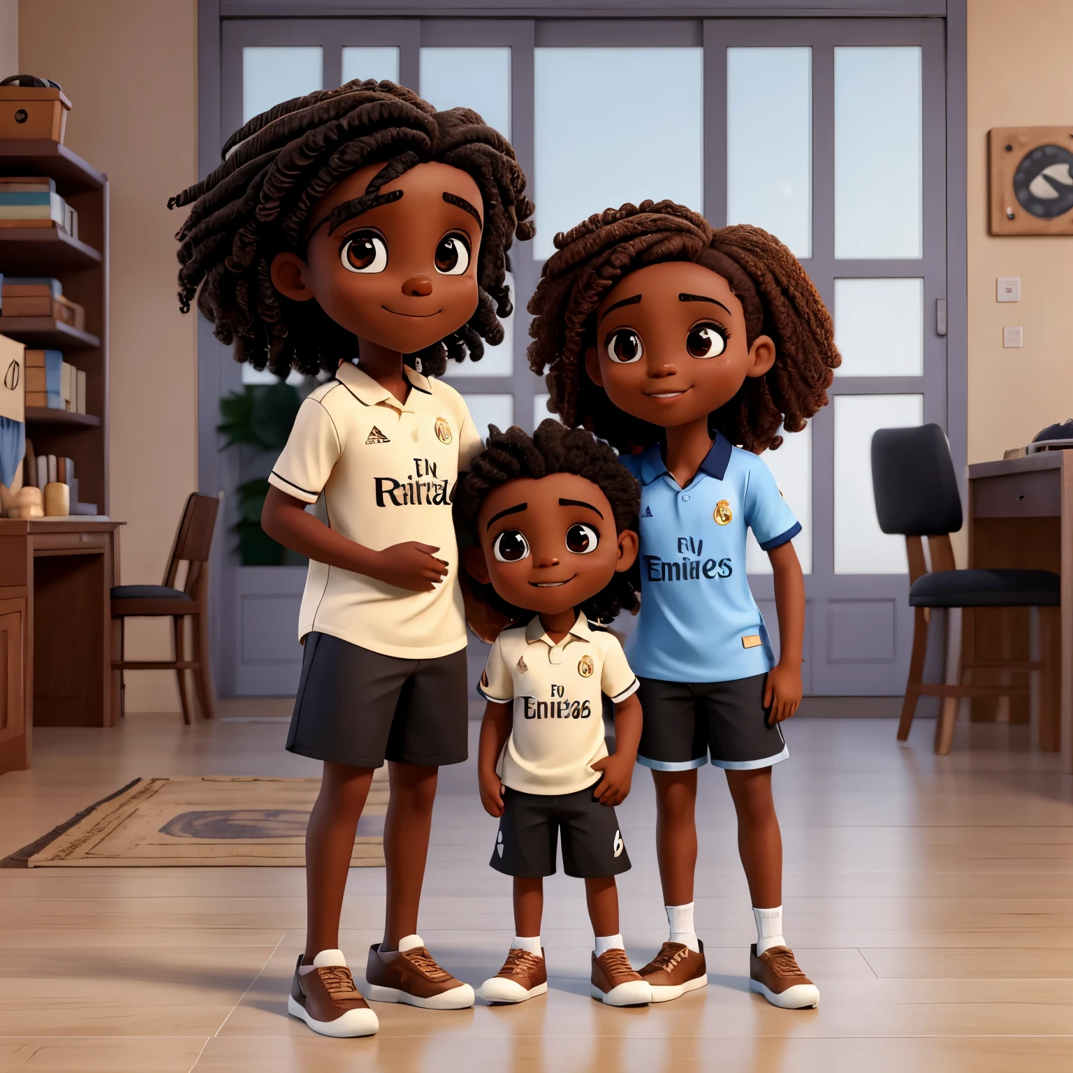 Vinícius Junior with black skin, de cabelo crespo usando uma camisa branca do real madrid com uma listra preta e outra dourada no ombro, hugging a brown female fan with long brown hair, longo e ondulado.