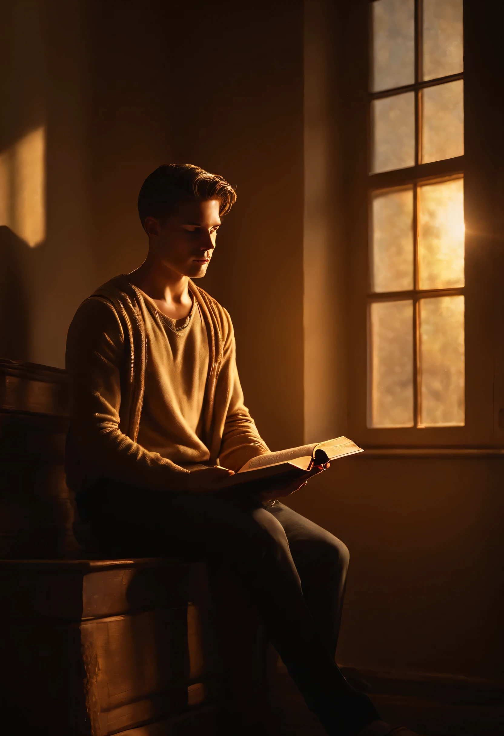 Create an extremely realistic representation of a young man sitting in the golden light of a window, keep the Bible open while deeply absorbing the sacred words on its pages.