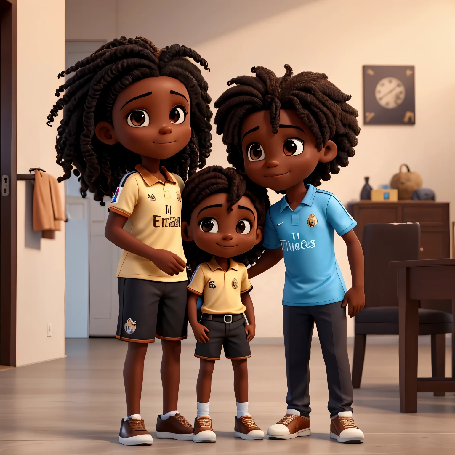 Vinícius Junior with black skin, de cabelo crespo usando uma camisa branca do real madrid com uma listra preta e outra dourada no ombro, hugging a brown female fan with long brown hair, longo e ondulado.