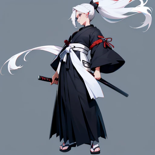 Full body painting Black hakama White haori White hair Ponytail
