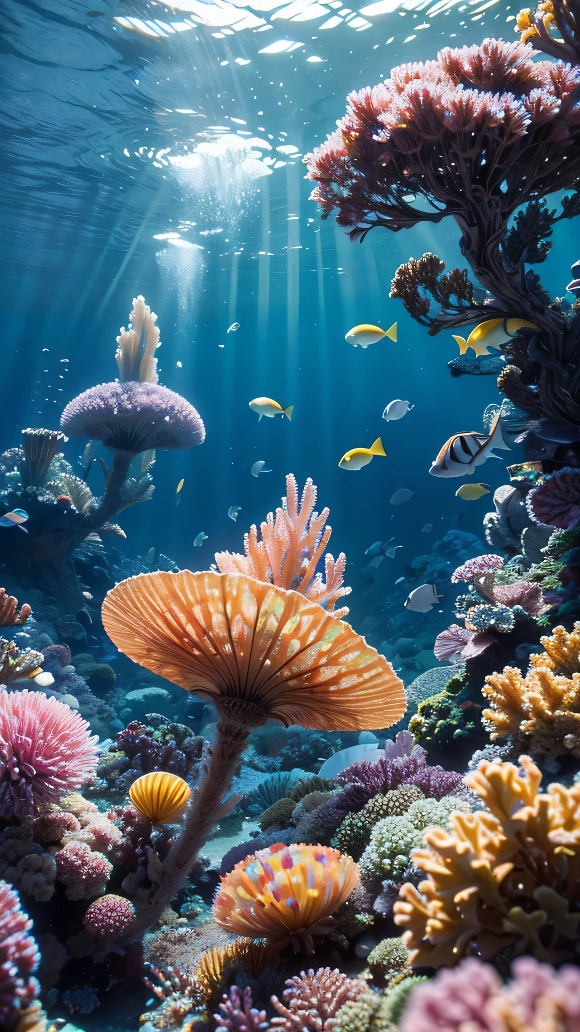 masterpiece,4k,Intricate details,Sharp focus,
Macro lens,Underwater scenery,Realistic aesthetics,Beautiful 3D 4K compositions,Colorful 3D crystals,Inspired by Daniel Merriam's microscopic photos on Flickr,Digital Artwork,Ray Tracing,Bright light refracts magical colorful flowers,Colorful crystals underwater,ethereal rainbow bubbles,Colorful crystals,Fantasy Mandelbrot flower,Colorful spotty fish。