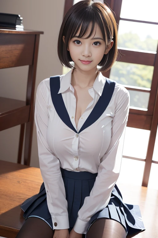 ((NSFW))、(((shirtの前を大きく開ける)))、Showing cleavage、Small breasts、((Small breasts))、I can see your thighs、超Realな (A pretty  girl in a uniform sitting at a desk、Japanese、Japanese、Japanese girls uniform、Surreal、((Short Bob Cut))、Beautiful anime school girlschool girl、 cg、画ectionな顔、perfection、clean、masterpiece、Professional artwork、Famous works of art、perfectionな顔、Beautiful Face、Beautiful Eyes、((perfectionな女性の体))、one person、(Immersive atmosphere、Chiaroscuro: 1.5、Bright light:1.2、Bright lighting)、、(blush:0.5)、Attractive appearance、Highly detailed eyes、Thick thighs、big breasts、Beautifully detailed backgrounds、Write boundary depth、Real:1.3、Long Shot、One girl 、shirt、Pleated skirt、 、sitting、whole body、(ambient light:1.3)、(Movie Compositing:1.3)、(neon:0.1)、(HDR:0.1)、Accent lighting、White Pantyhose、