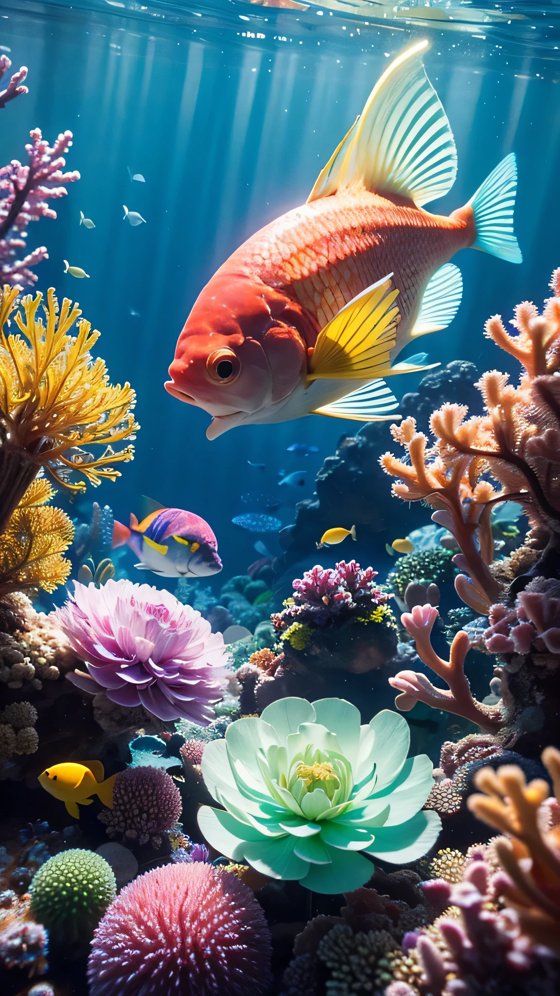 masterpiece,4k,Intricate details,Sharp focus,
Macro lens,Underwater scenery,Realistic aesthetics,Beautiful 3D 4K compositions,Colorful 3D crystals,Inspired by Daniel Merriam's microscopic photos on Flickr,Digital Artwork,Ray Tracing,Bright light refracts magical colorful flowers,Colorful crystals underwater,ethereal rainbow bubbles,Colorful crystals,Fantasy Mandelbrot flower,Colorful spotty fish。