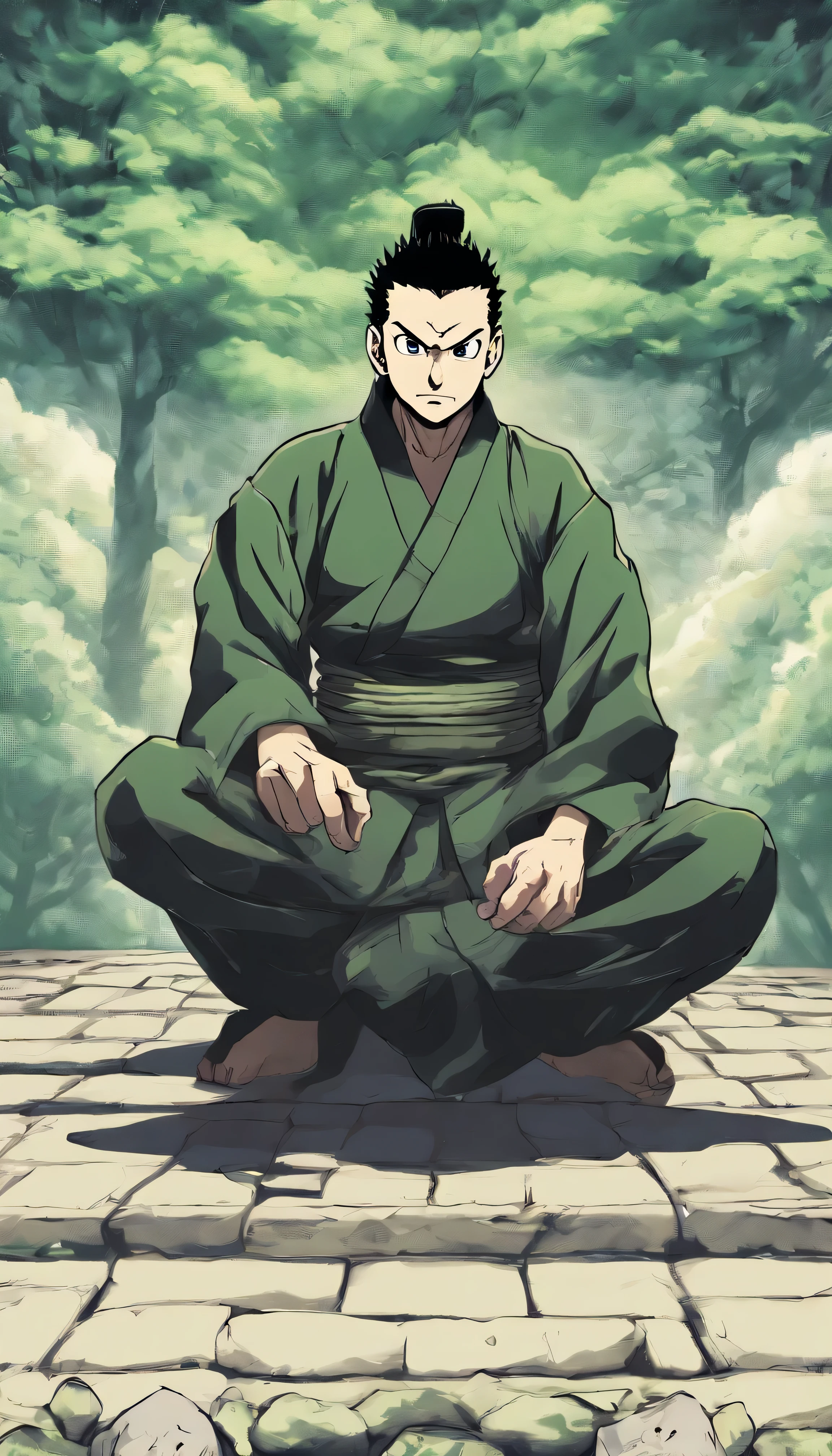 Craft a digital art masterpiece of Shikamaru Nara, the strategic genius ninja from Konoha. The artwork should be of the highest quality, capturing Shikamaru's composed and collected demeanor even in the midst of intense battles. Pay careful attention to the following key elements:
Facial Features: Illustrate Shikamaru's distinctive sharp, narrow eyes. Emphasize his laid-back expression, which often carries a hint of boredom or annoyance.
Hairstyle and Color: Highlight Shikamaru's iconic spiky ponytail, ensuring that the dark color of his hair remains consistent with his anime portrayal.
Outfit: Showcase Shikamaru's standard ninja attire, including his flak jacket and the mesh armor visible beneath his shirt.
Shadow Possession Jutsu: Depict the intricate hand gestures associated with Shikamaru's signature technique, the Shadow Possession Jutsu. Feature the shadow tendrils emanating from his body as he captures and controls his opponents.
Intelligence: Convey Shikamaru's strategic mind by including a faint overlay of shogi pieces or a tactical map within the artwork. These elements symbolize his exceptional planning and problem-solving skills.
Background: Place Shikamaru amidst a serene sky or within a tranquil forest clearing, reflecting his affinity for clouds and contemplation. This setting serves as an ideal backdrop where he can strategize and devise his next move.
Ensure that the final image not only serves as a testament to Shikamaru's character but also showcases the artistry and meticulous attention to detail required to bring such a complex character to life. This masterpiece should exhibit the highest level of quality, capturing his essence in a mesmerizing digital art piece.