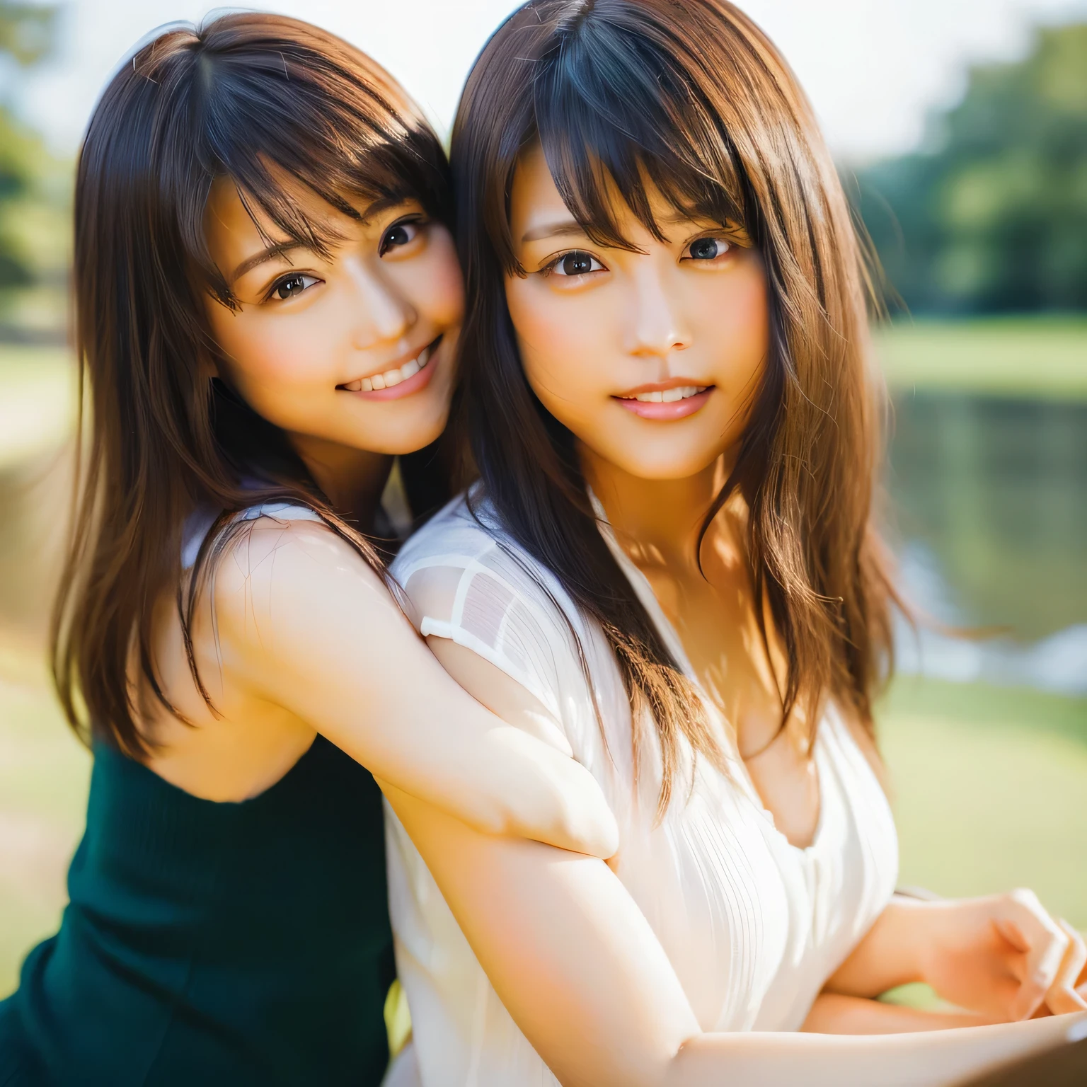 Close Identical Twin Sisters、Esbian all over、Beauty、Shorts、Active、 (Real、Super real、Super Reality:1.5)、(photograph))、((2 girls、duo:1.8))、(Neat and innocent personality、 Friendly atmosphere:1.4)、((Dark Brown Hair、(Moist and straight super long hair):1.5))、(smile:0.9)、(Kind eyes)、(Viewer's perspective、Cinemagraph)、(8K、Live Photograph、Highest) image quality、masterpiece:1.2)、Super fine、Super Resolution、(hyper reality、)Super fine、Super Resolution、(Real、Actual Photos:1.47)、(They are hugging each other。)Leaning closer、(Fantastic lighting)Embrace 、Cinema Lighting、White skin、Fair-skinned female proofreading、Ultra HD、Stylish lighting、Beautiful female proofreader reflecting light、Amazing details、high definition beautiful girl、High definition face、High definition eyes、Extremely Realistic Skin、High definition finger、High definition detailed nose、Highly detailed mouth、Highly detailed background