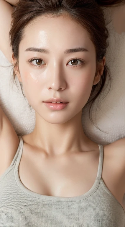 A girl receiving a facial treatment,((highest quality, 8k, masterpiece :1.3)), One girl, Beautiful woman with slim abdominal muscles :1.3, (Random Hairstyles :1.2), Oversized tank top :1.2, Highly detailed face, Fine grain, double eyelid, Underarm,Having a photofacial