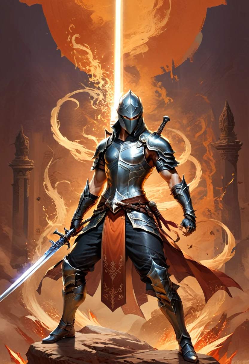 Sworasman, with sword, dynamic pose, warm color palette, Warm, detailed background, (masterpiece, best quality, Professional, perfect composition, very aesthetic, absurdres, ultra-detailed, intricate details:1.3)