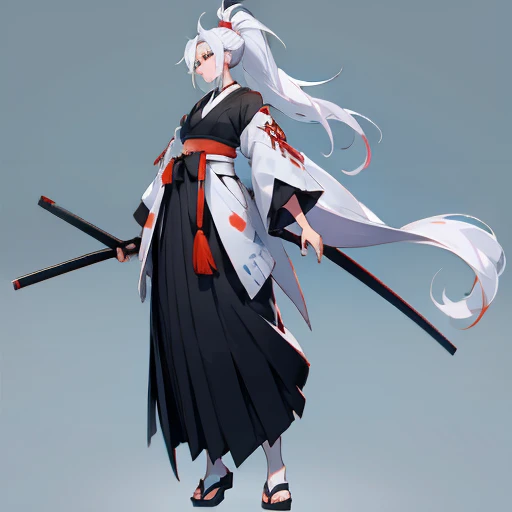 Full body painting, hakama, haori, white hair ponytail