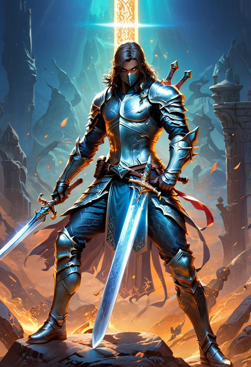 Sworasman, with sword, dynamic pose, cool color palette, Warm, detailed background, (masterpiece, best quality, Professional, perfect composition, very aesthetic, absurdres, ultra-detailed, intricate details:1.3)