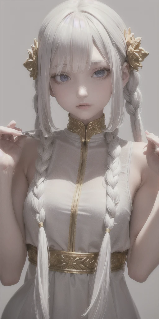 best quality, masterpiece,gray hair, golden eyes,white clothes, search,hair,fair skin,side braids,,(very detailed),(Really delicate and beautiful face),(detailed beautiful eyes),big bust