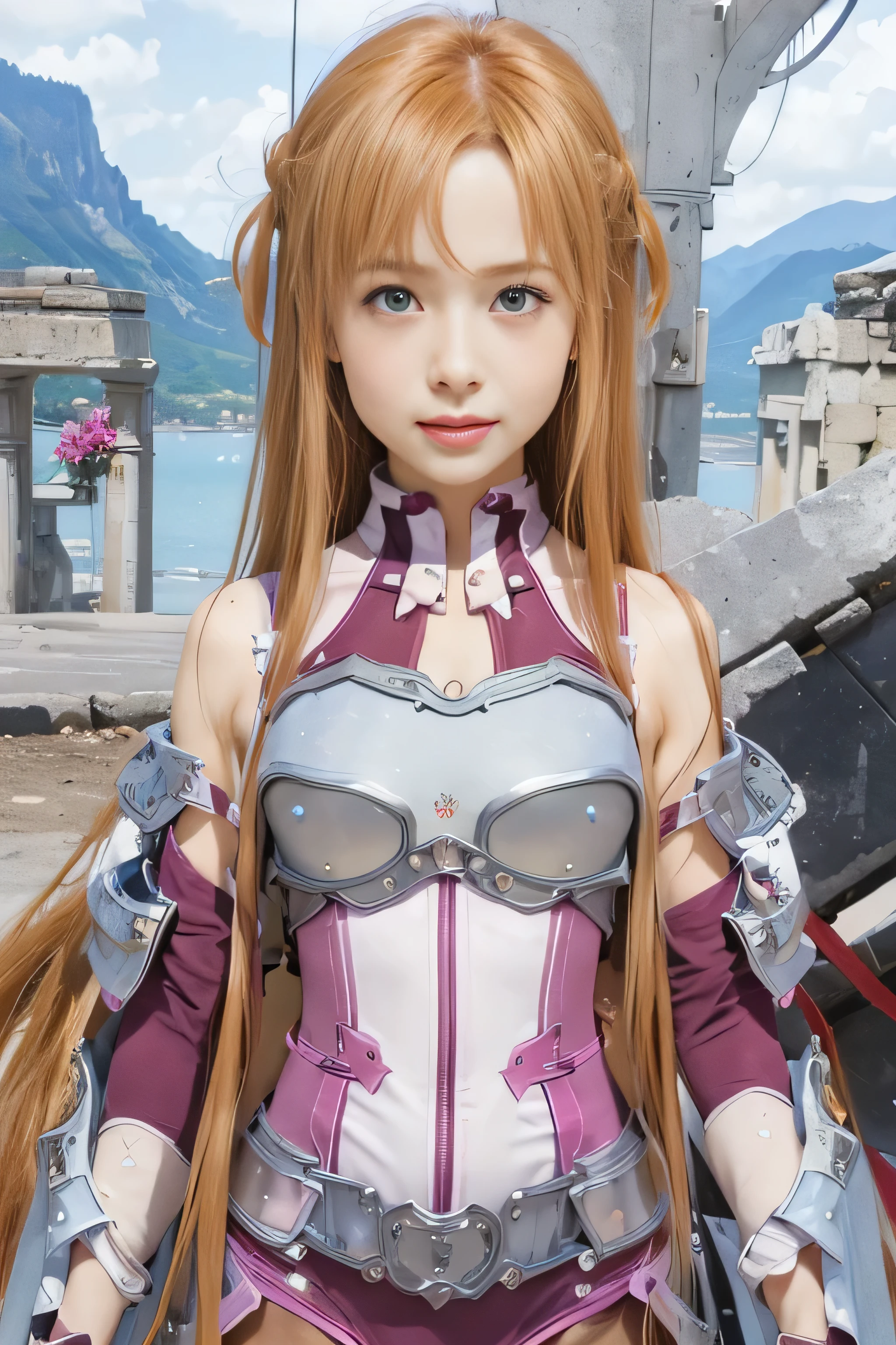 masterpiece, best quality, (realistic,photo-realistic:1.4), (RAW photo:1.2), extremely detailed CG unity 8k wallpaper, delicate and beautiful, amazing,finely detail, official art, absurdres, incredibly absurdres, huge filesize, ultra-detailed,extremely detailed eyes and face,light on face,yuuki asuna,(little smile),(caramel hair:1.4),(long hair:1.6),(wearing magenta armored suit:1.5),nature,ruins