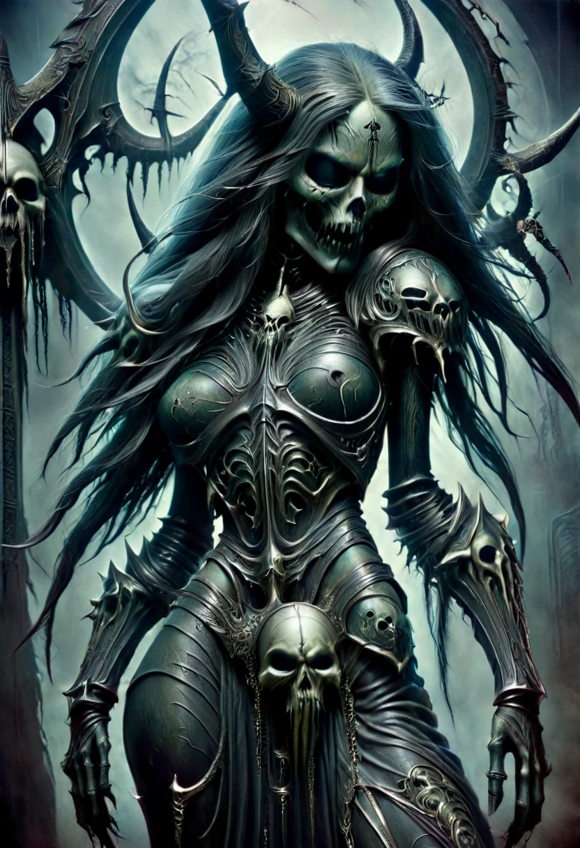 y seductive hr giger tattooed death reaper, undead head, seductive pose, mostly skeletal body,