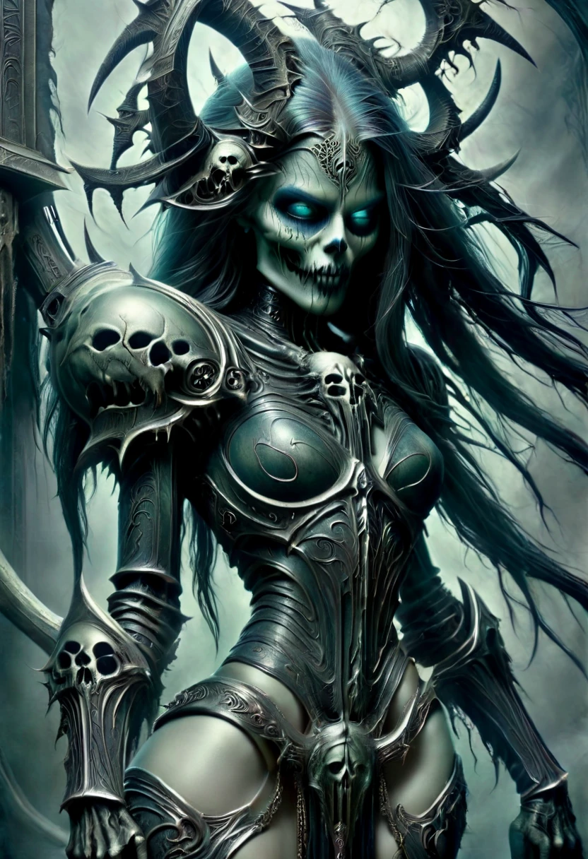 Sexy seductive hr giger tattooed death reaper, undead head, seductive pose, mostly skeletal body, 