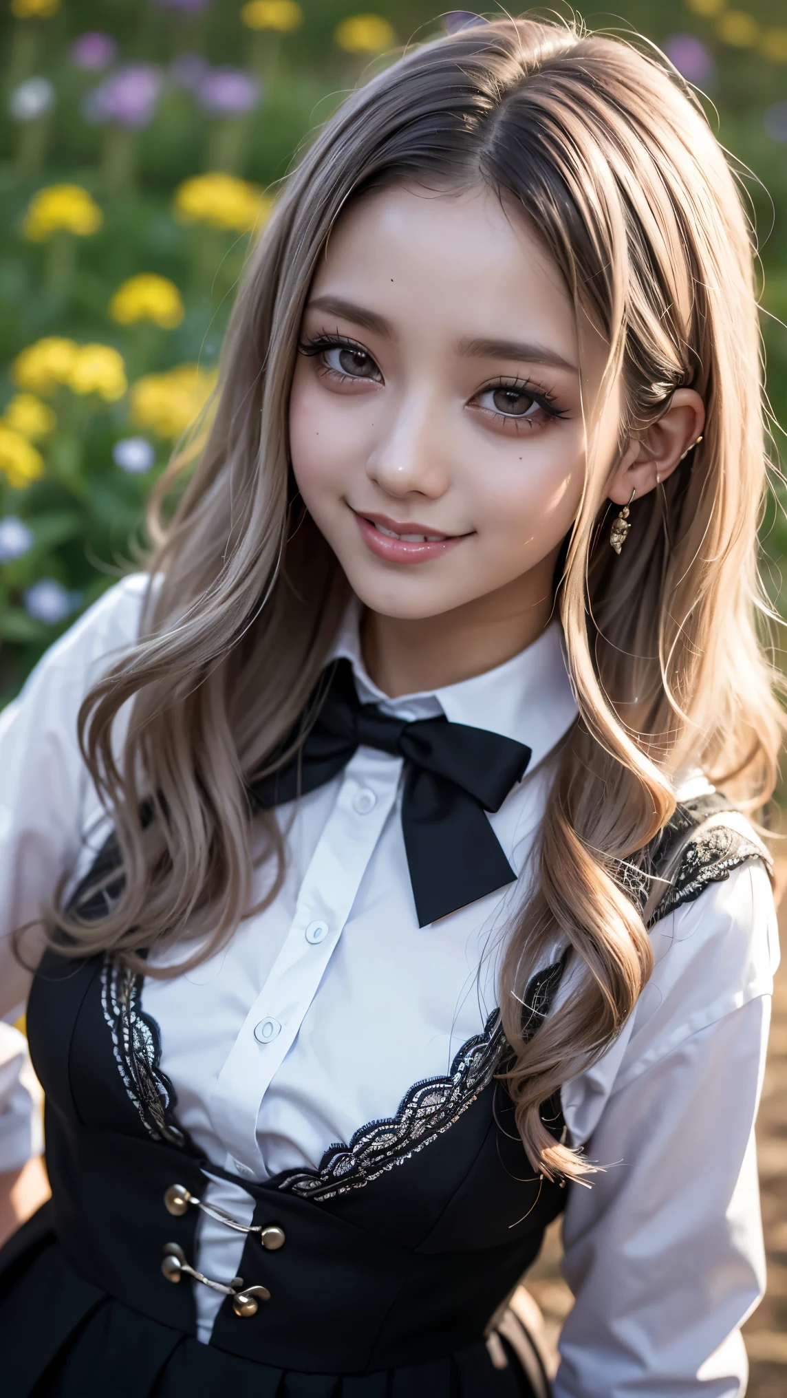Realistic, masterpiece, highest quality, Highest Resolution, one Japanese high school girl, 16 years old, Upper body photo, She narrows her eyes and looks at me with a shy smile and a smile, Laughing with mouth open, Beautiful and detailed eye drawing, (droopy eyes:1.3), Dark Eyes, Thin eyebrows, Carefully draw eyelashes, Eyelash extensions, Gal Makeup, Orange teak, (White brown wavy hair with white mesh, long hair, middle part:1.3), (hidden creased eyelids:1.3), (Gothic school uniform:1.2), (The subject was photographed from above at an angle:1.3), (Flower Field:1.3), (Close up on face, Standing up and trying to grab the audience:1.5)