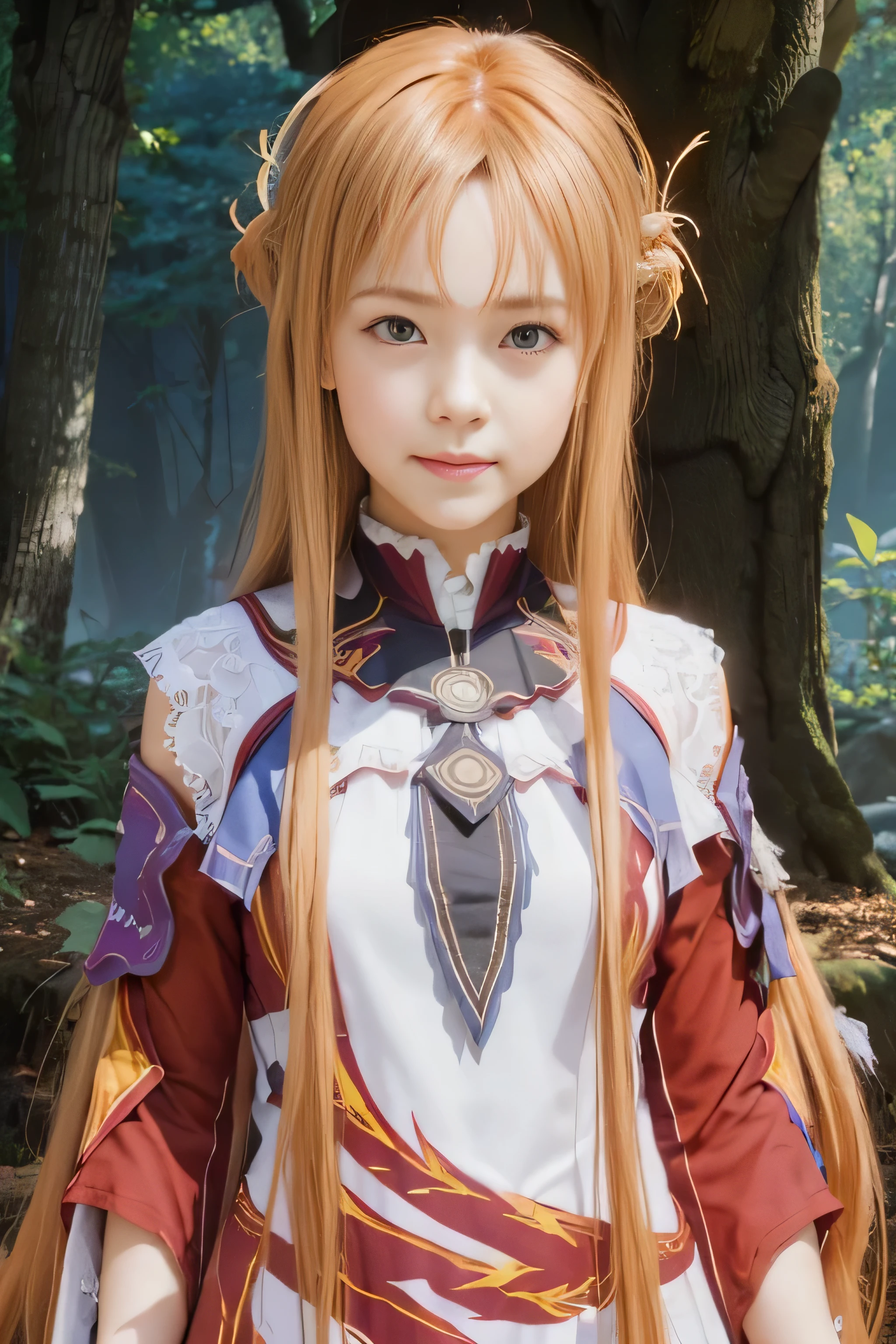 masterpiece, best quality, (realistic,photo-realistic:1.4), (RAW photo:1.2), extremely detailed CG unity 8k wallpaper, delicate and beautiful, amazing,finely detail, official art, absurdres, incredibly absurdres, huge filesize, ultra-detailed,extremely detailed eyes and face,light on face,yuuki asuna,(little smile),(caramel hair:1.4),(long hair:1.6),(wearing phoenix dress:1.5),nature,forest