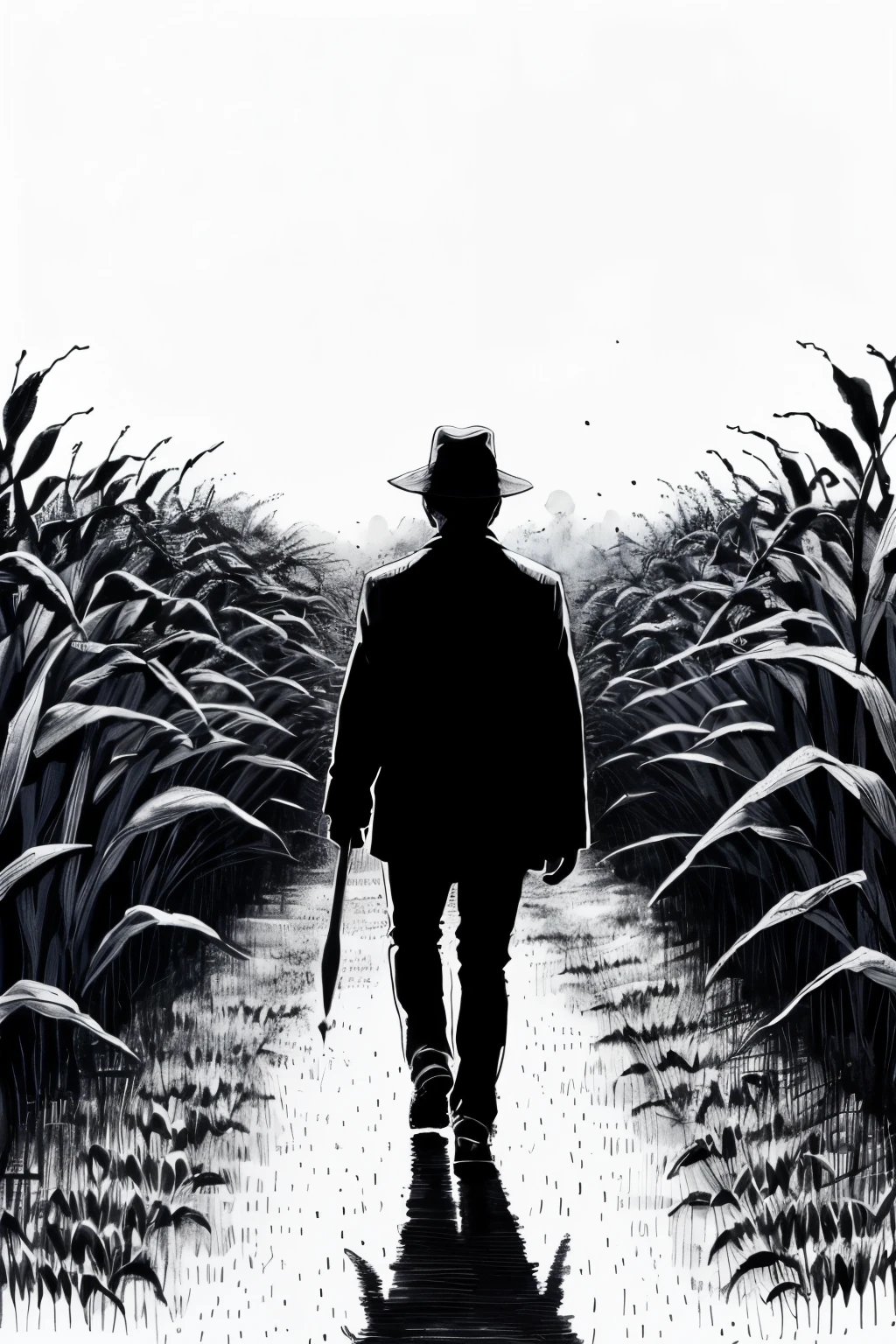 ink illustration, hauntingly wonderful scene of a man walking through a scary cornfield, ink splashes, rough ink sketch