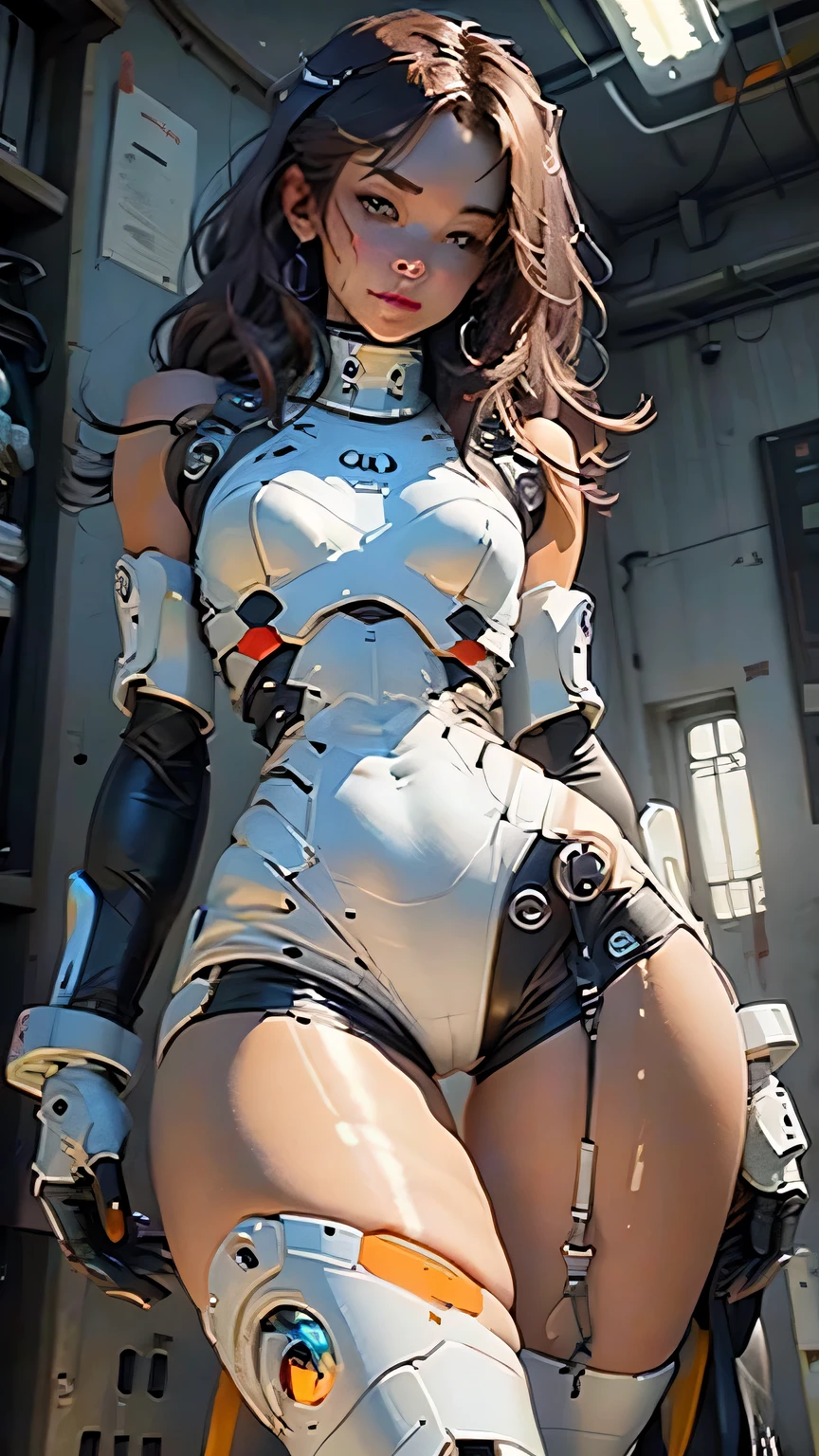 Woman body defined thick thighs cybernetic body parts, exposed private part,