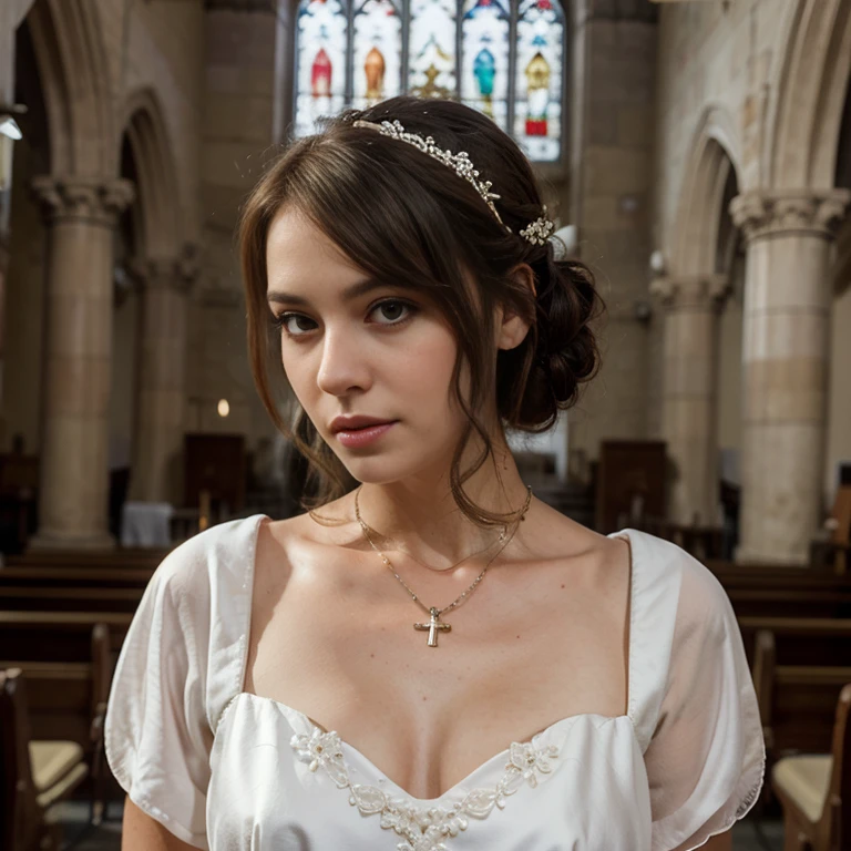 jeune femme de 25 ans, brune, professional lighting, Dim light, in a church, robe de mariée blanche en dentelle, wedding dress, coiffure professionnelle, maquillage professionnel, collier en or avec une croix