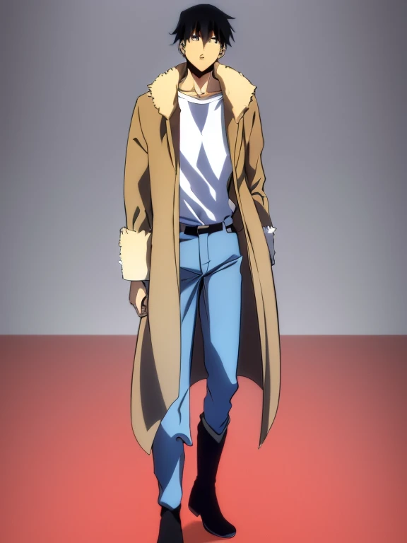 (Illustration, high resolution, best quality: 1.5, masterpiece, minimalist, simplistic detail, anime) solo: 2, ager, fushiguro toji, shirt, fur collar coat, jeans, boots,