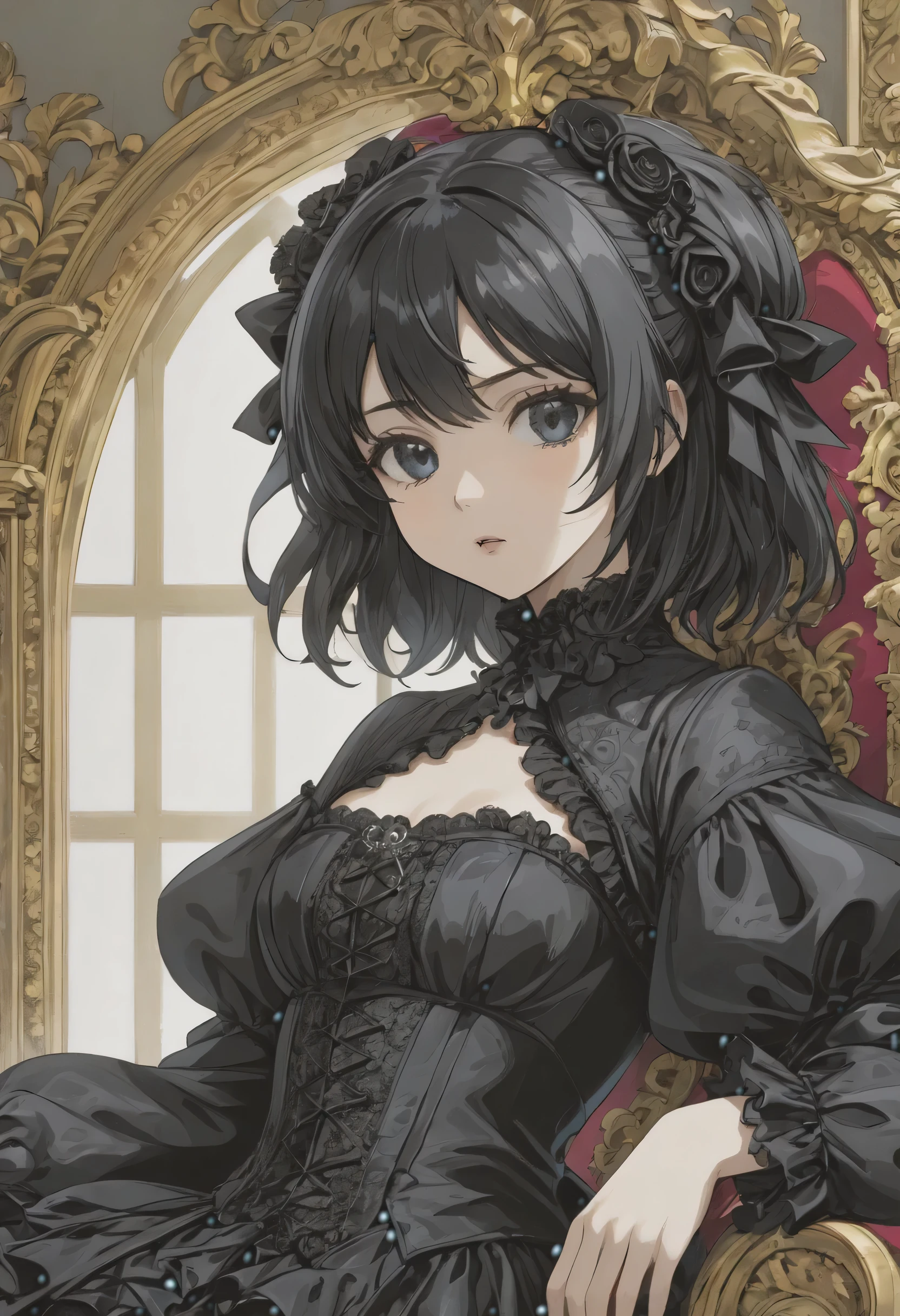 black hair, Surrealism, anime, Gothic art, Baroque, anime style, 8k, super detail, UHD, retina, masterpiece, high details, super detail, highres