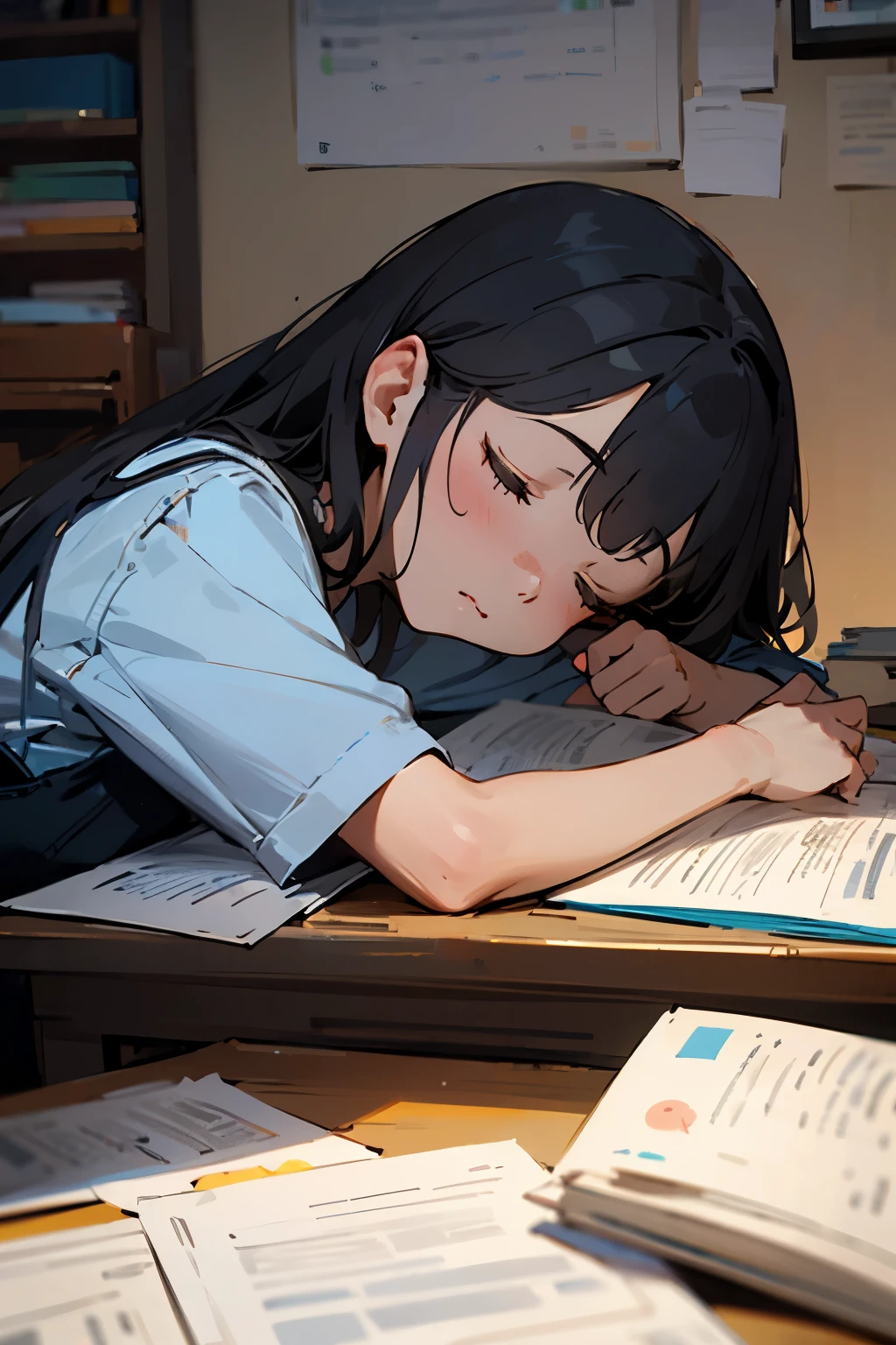 A girl who fell asleep while doing homework