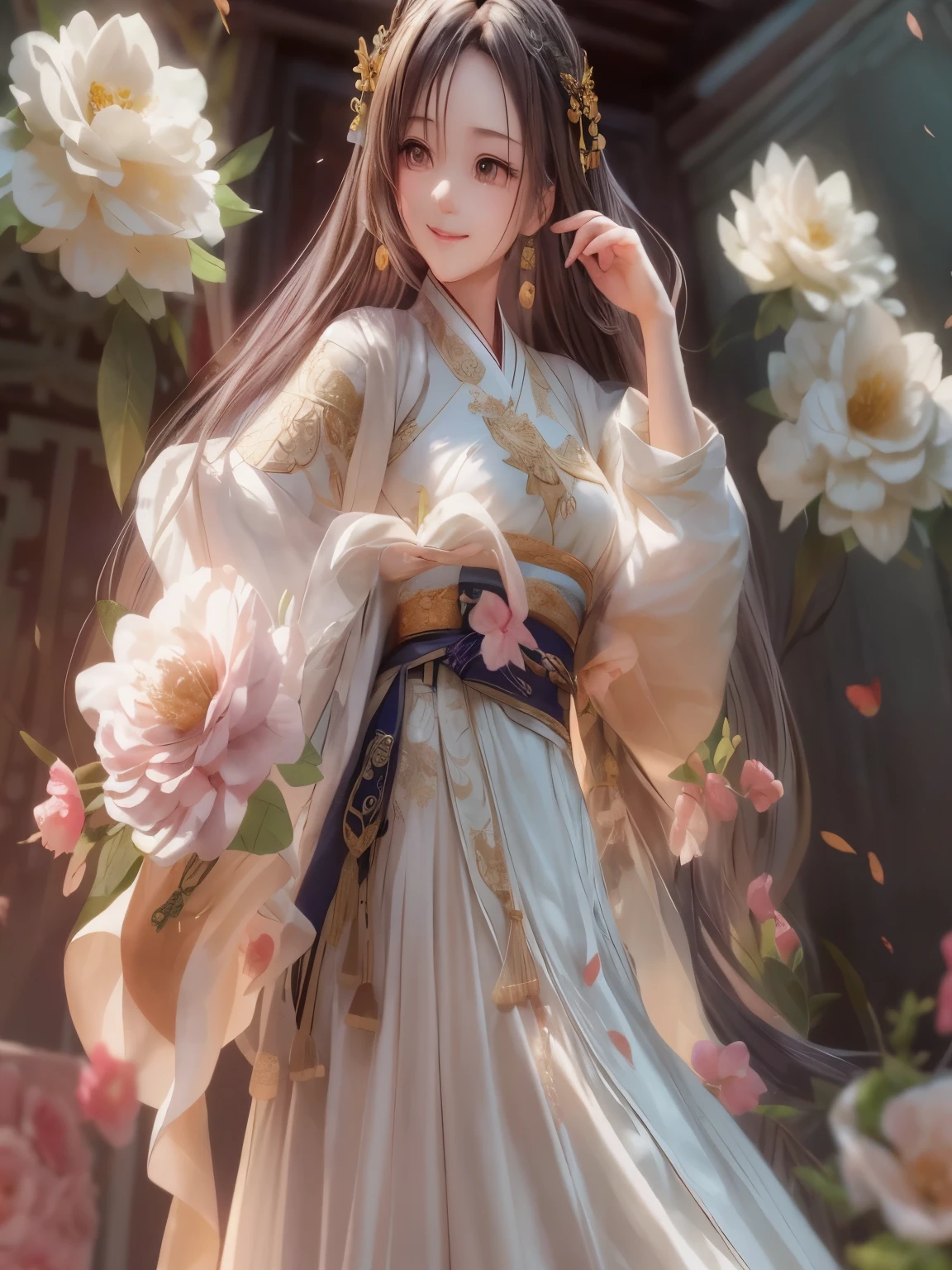 Movie Angle,(cute girls,Anatomically correct,Full body female love,masterpiece camellia,Masterpiece Hanfu,Smile),(Implications,Paper Art,3 Rendering),(multiple colour,best quality,High Detail,masterpiece,Cinema-grade lighting effects,4K,Chiaroscuro)