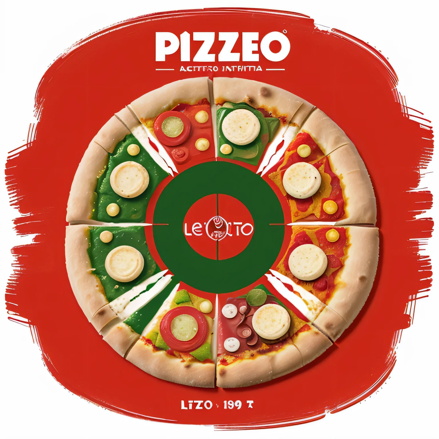 Logotipo con escritura PIZZAS LEO logotipo de arte lineal, fondo rojo y verde , minimal and solid.