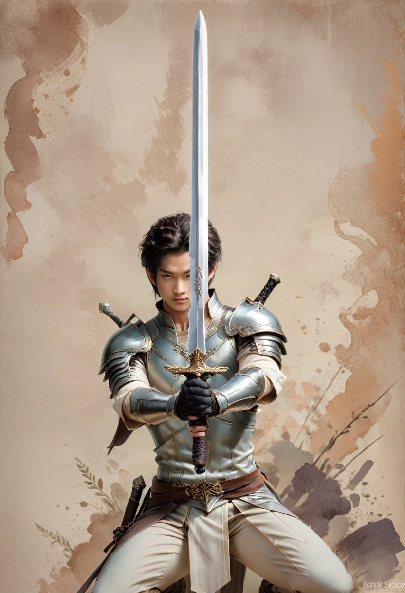 Sworasman, with sword, dynamic pose, muted color palette, pastel color palette, neutral color palette, earthy tones, detailed background, (masterpiece, best quality, Professional, perfect composition, very aesthetic, absurdres, ultra-detailed, intricate details:1.3)
