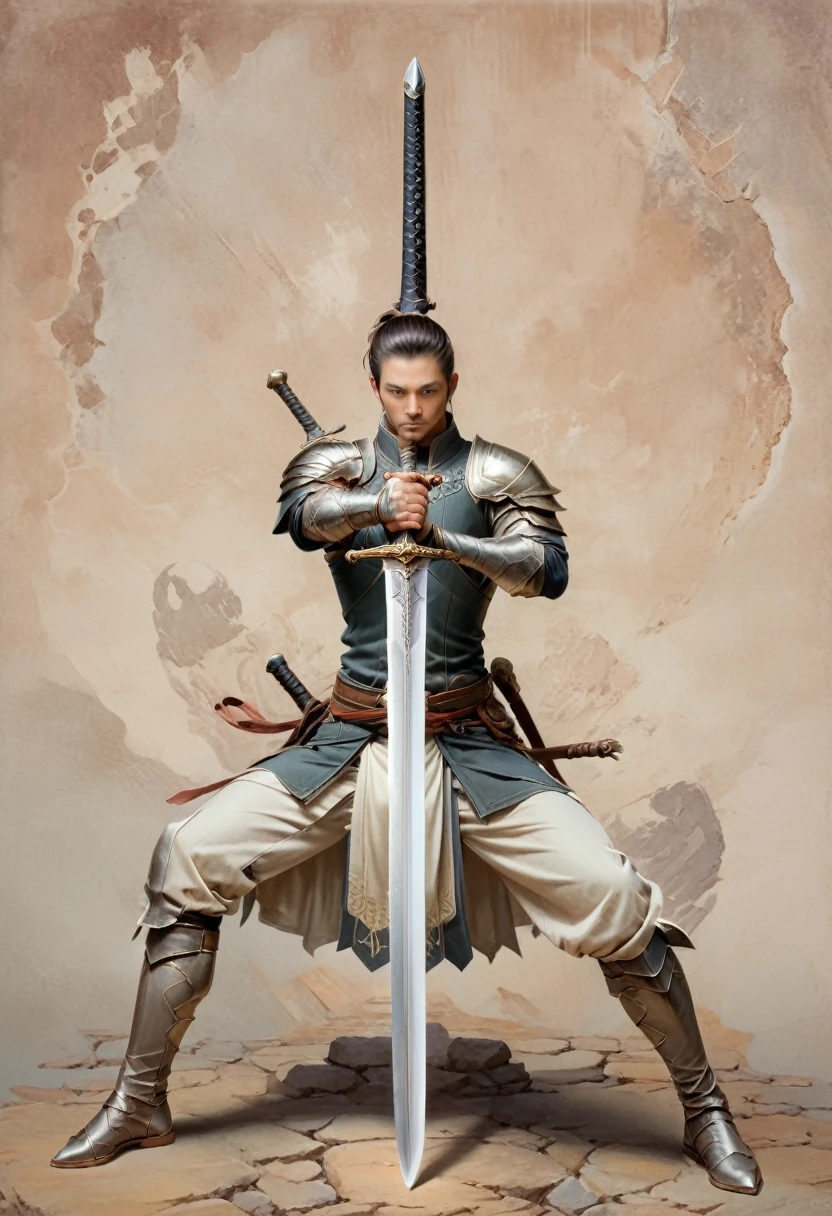 Sworasman, with sword, dynamic pose, muted color palette, pastel color palette, neutral color palette, earthy tones, detailed background, (masterpiece, best quality, Professional, perfect composition, very aesthetic, absurdres, ultra-detailed, intricate details:1.3)