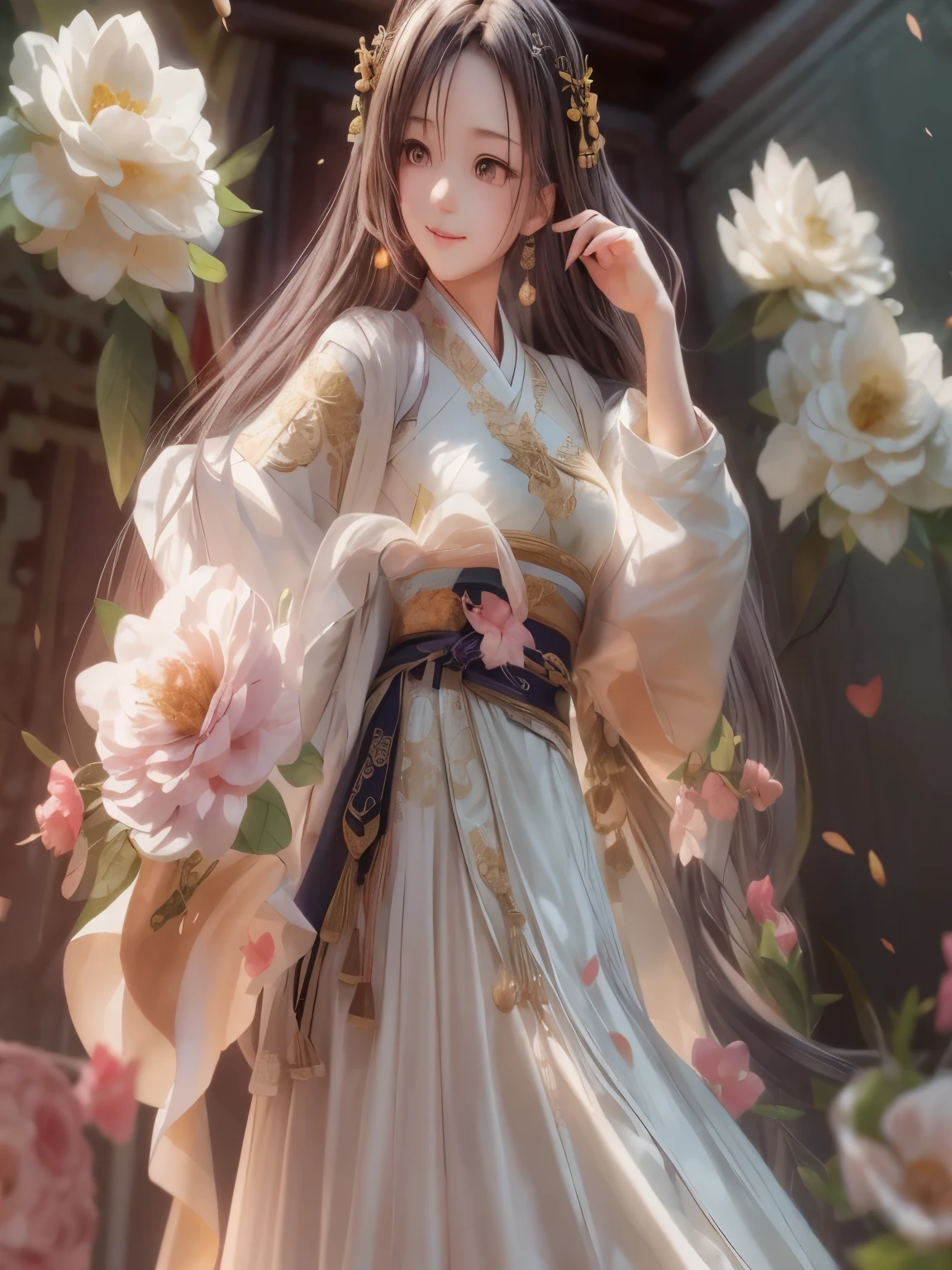 Movie Angle，（cute girls，Anatomically correct，Full body female love，masterpiece camellia，Masterpiece Hanfu，Smile），（Implications，Paper Art，3 Rendering），（multiple colour，best quality，High Detail，masterpiece，Cinema-grade lighting effects，4K，Chiaroscuro）