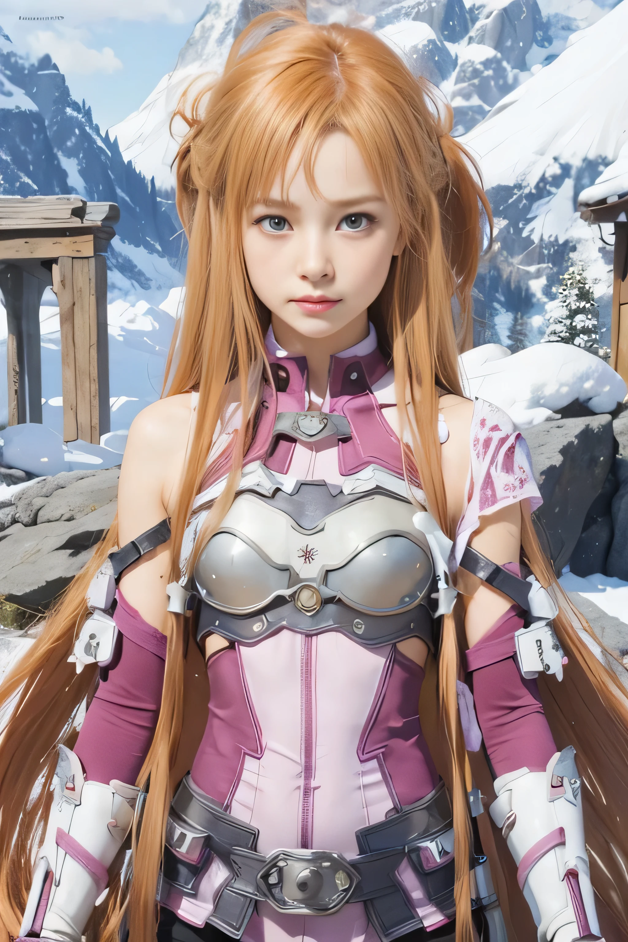masterpiece, best quality, (realistic,photo-realistic:1.4), (RAW photo:1.2), extremely detailed CG unity 8k wallpaper, delicate and beautiful, amazing,finely detail, official art, absurdres, incredibly absurdres, huge filesize, ultra-detailed,extremely detailed eyes and face,light on face,yuuki asuna,(little smile),(caramel hair:1.4),(long hair:1.6),(wearing magenta armored suit:1.5),nature,ruins