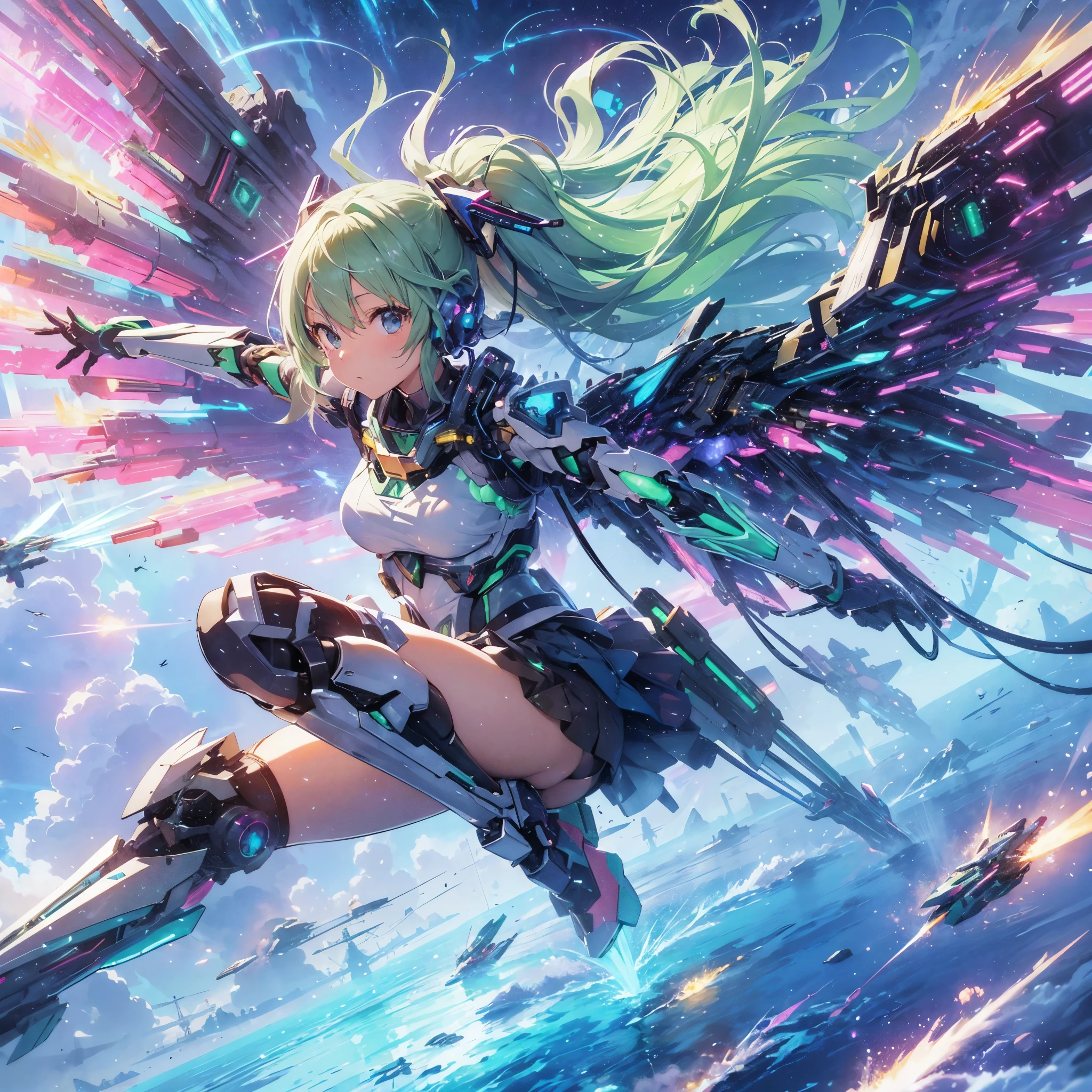Anime style illustration of a girl with pastel green hair in aerial beam sword action. Made by FuturEvoLab, (X-ray style: 1.5), Detailed explanation, (Mecha flare type skirt: 1.5), This is a scene where a girl captures her movements. Aerial battles and performances that are dynamically composed of movement and intensity. Mechanical wings, futuristic mechs, extradimensional cyberpunk, glowing core reactors, etheric energy fields, bright colors, intricate details, movies