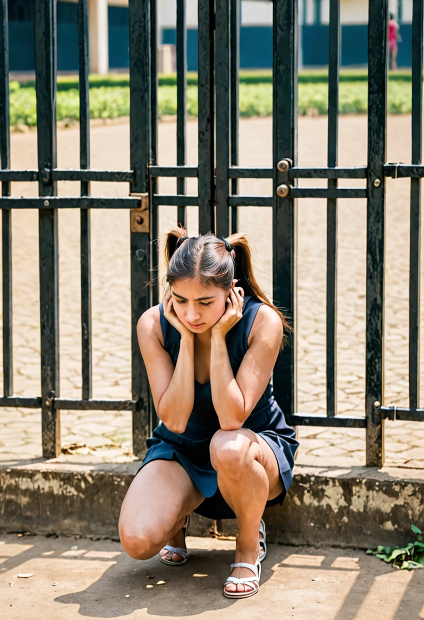 India women , 2 pony tails,wearing short sleeveless dress kneeling down holding ears in gate sad in punishment in college