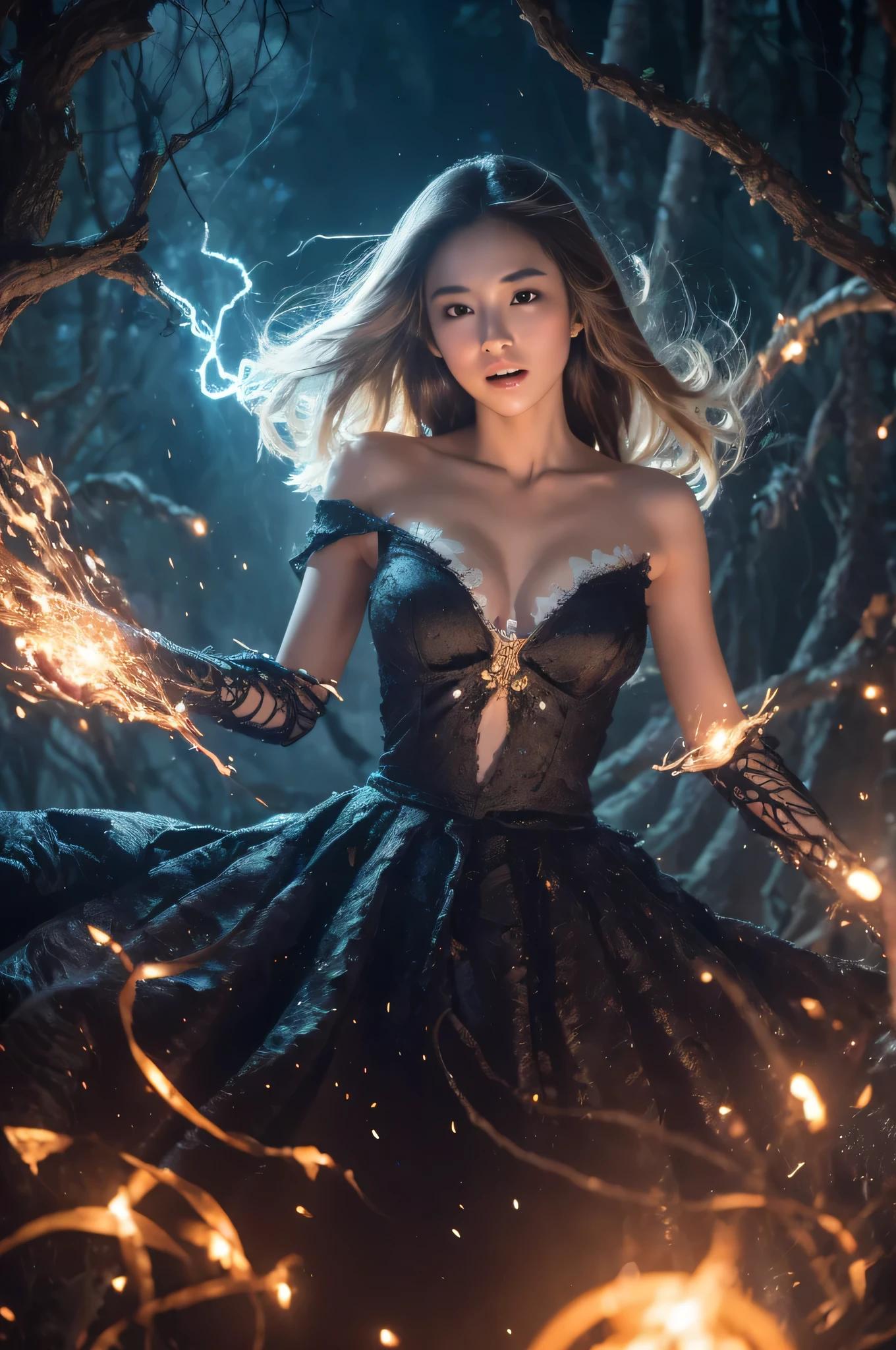 (masterpiece:1.2), ultra detailed, ultra high res, (realistic, photo realistic:1.37), an extremely delicate and beautiful, extremely detailed face, shiny skin, (Japanese famous actress:1.2), (gyaru), flat chest, (brown race, dark skin, blond hair), (The Skeleton Witch), flying epoxy skull, amidst a black swirling vortex in a dark, mystical forest. her figure draped in skeletal armor and an ethereal dress, engulfed by the swirling darkness. weaves through the trees, now surrounded by black smoke and the eye of a storm, amidst sparkling embers and a billowing long piece of cloth, armpits, midriff peek, magic circle, thundermagic, excessive energy, charged aura