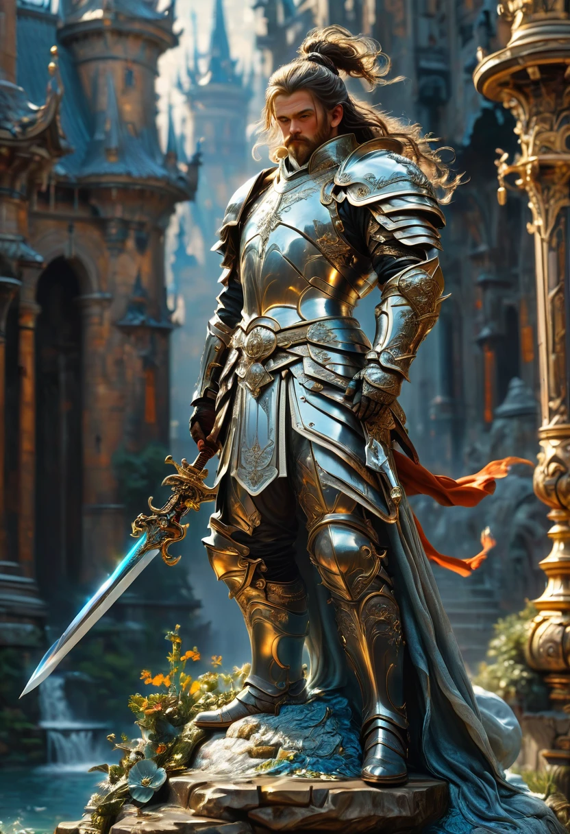 Sworasman, hold sword, by Geoffroy Thoorens, best quality, masterpiece, very aesthetic, perfect composition, intricate details, ultra-detailed