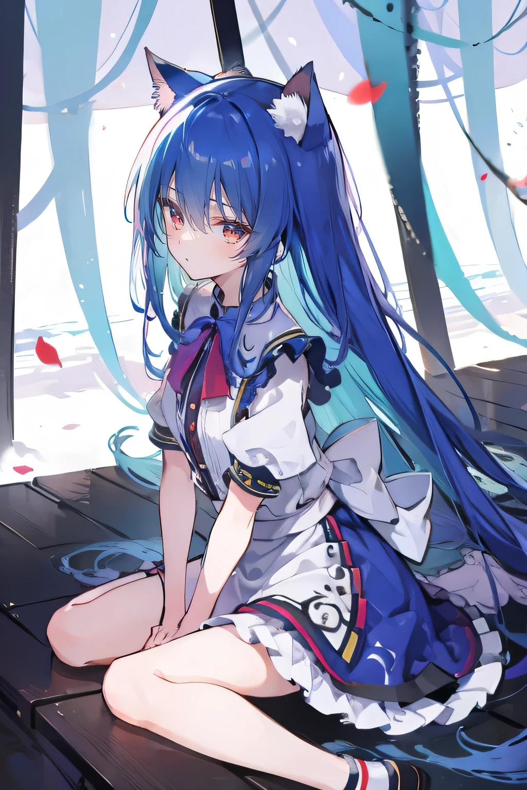 (masterpiece:1.2),ultra-detailed,realistic,expressive eyes,fair-skinned,perfectly shaped face,1girl,
Japanese cartoons,Gorgeous blue hair, flowing blue hair,floating clothes,cat ears,petals falling,beautiful Lola,Hina Angel,
hands on waist,gracefully sitting on the ground,legs crossed,gentle and serene background,cool and comfortable pavilion.