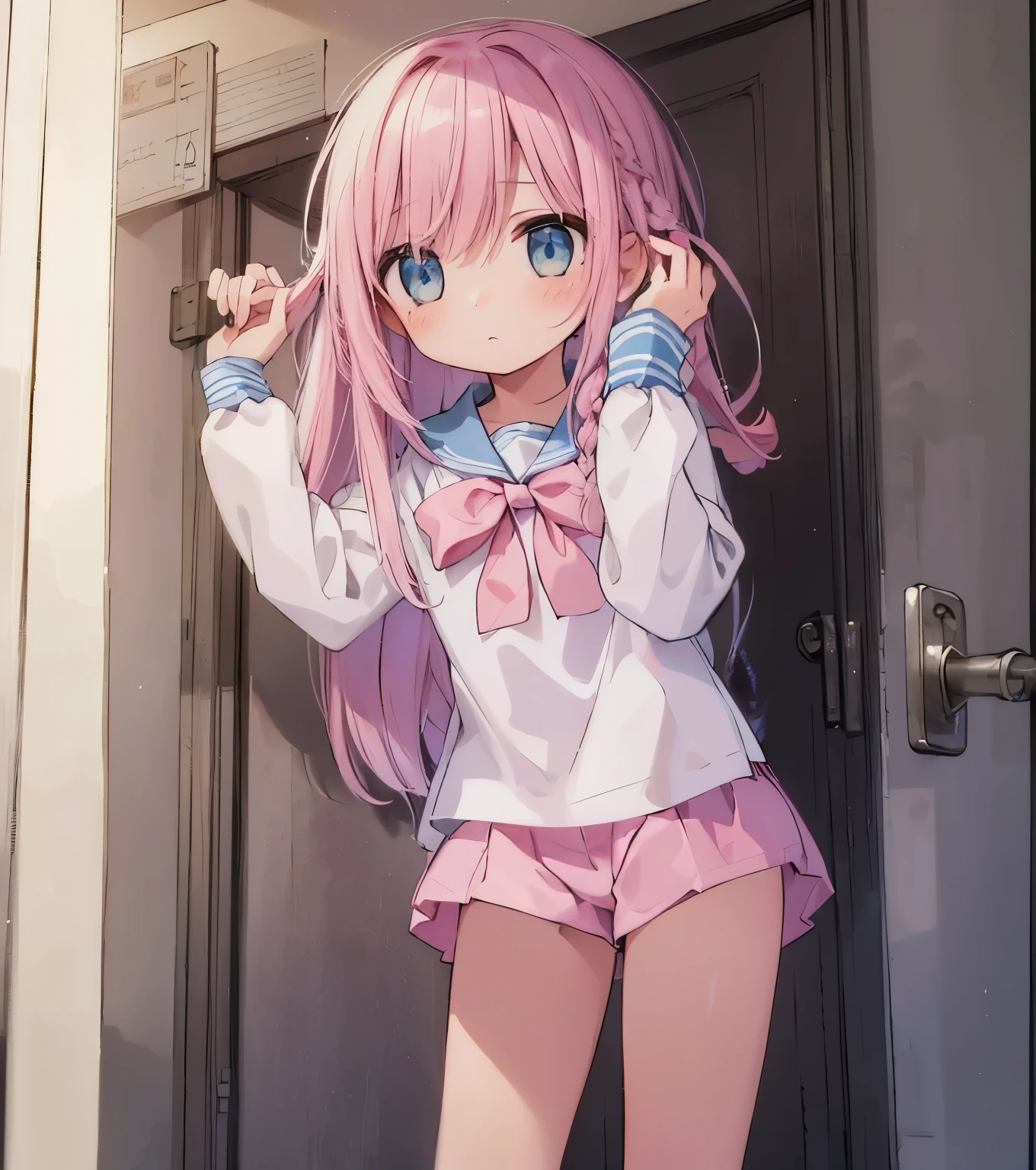 Beautiful illustrations, highest quality, (12-year-old girl:1.4)、(pretty girl：1.5)、、、Flat Chest、Sailor collar、(White long tunic)、Long sleeve sailor suit、Blue-line cuffs、(Pink Chino Shorts：1.4)、(Pink shorts with wide openings：1.2)、Gap between thighs and shorts、Thin thighs、White socks、 Cinema Lighting, (Pink Long Hair)、Pink Straight Hair、Redness on the cheeks、(Braiding of the back of the head)