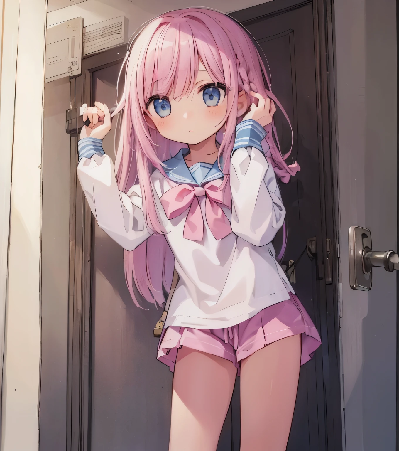 Beautiful illustrations, highest quality, (12-year-old girl:1.4)、(pretty girl：1.5)、、、Flat Chest、Sailor collar、(White long tunic)、Long sleeve sailor suit、Blue-line cuffs、(Pink Chino Shorts：1.4)、(Pink shorts with wide openings：1.2)、Gap between thighs and shorts、Thin thighs、White socks、 Cinema Lighting, (Pink Long Hair)、Pink Straight Hair、Redness on the cheeks、(Braiding of the back of the head)