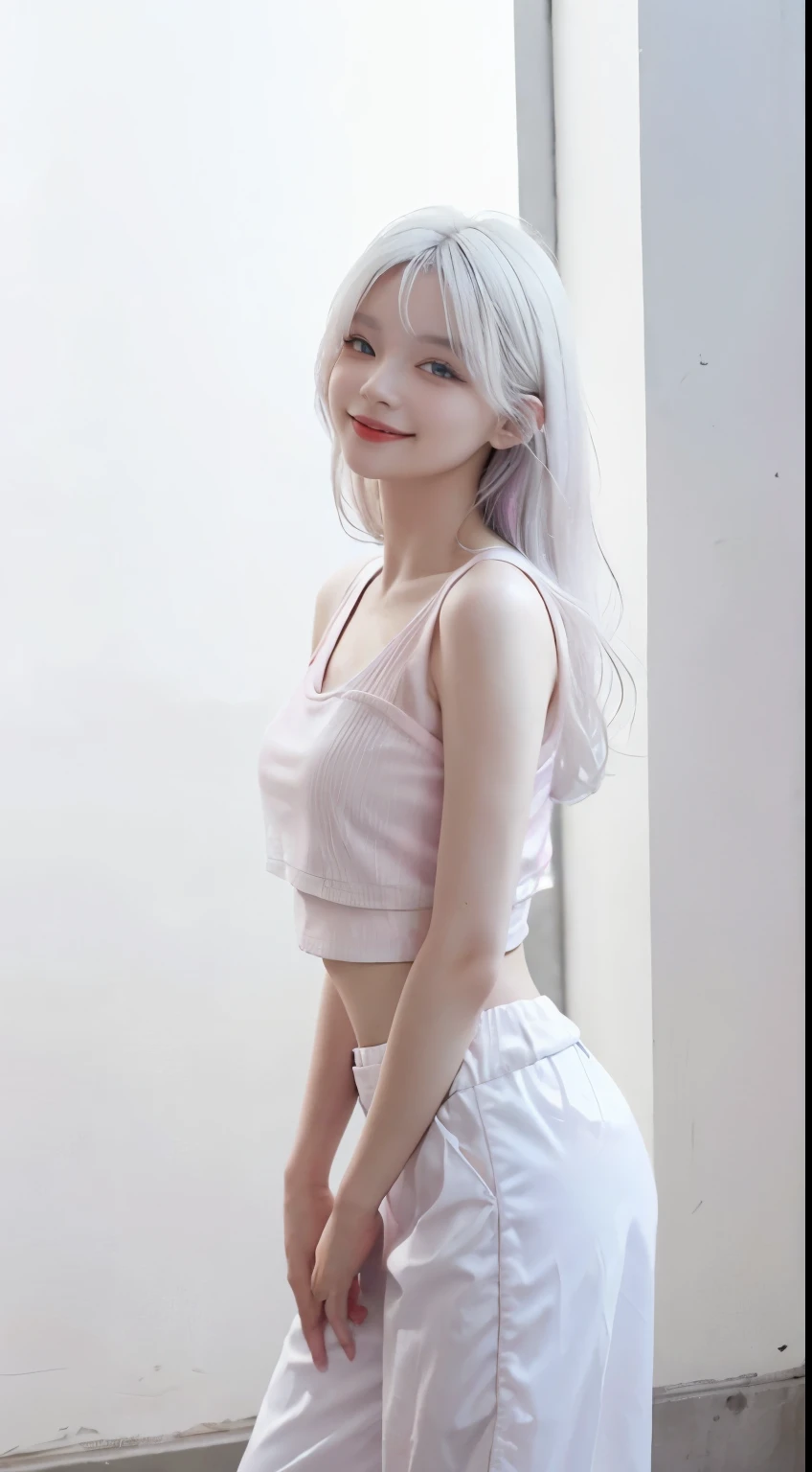 Best image quality、RAW Photos、超A high resolution、21 years old Korean、Small breasts、Dynamic Angle、Cowboy Shot、Chaos in its most beautiful form、elegant、brutalism design、Vibrant colors、beautiful white hair、Short Bob、smile、fun、smile、Shiny white skin、Beautiful eyes with random colors、Very thin lips、Beautiful eyes in every detail、Long, narrow eyes、Light pink cheeks、Long eyelashes、Beautiful double eyelids、eye shadow、Bright white hair、Crop top、Black down jacket、Harem pants、Hands、garden、Shooting from the side、full body shot