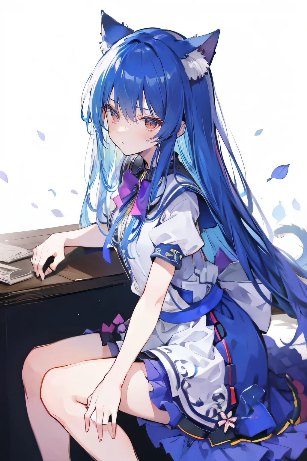 (masterpiece:1.2),ultra-detailed,realistic,expressive eyes,fair-skinned,perfectly shaped face,1girl,
Japanese cartoons,Gorgeous blue hair, flowing blue hair,floating clothes,cat ears,petals falling,beautiful Lola,Hina Angel,
hands on waist,gracefully sitting on the ground,legs crossed,gentle and serene background,cool and comfortable pavilion.