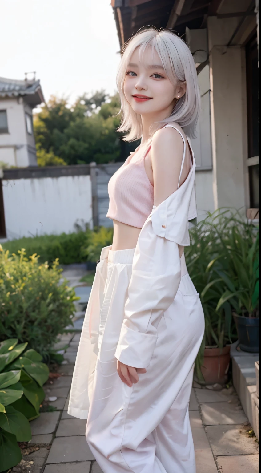 Best image quality、RAW Photos、超A high resolution、21 years old Korean、Small breasts、Dynamic Angle、Cowboy Shot、Chaos in its most beautiful form、elegant、brutalism design、Vibrant colors、beautiful white hair、Short Bob、smile、fun、smile、Shiny white skin、Beautiful eyes with random colors、Very thin lips、Beautiful eyes in every detail、Long, narrow eyes、Light pink cheeks、Long eyelashes、Beautiful double eyelids、eye shadow、Bright white hair、Crop top、Black down jacket、Harem pants、Hands、garden、Shooting from the side、full body shot