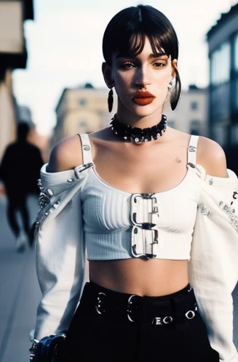 arafed woman in top and leather shorts standing on street, photo of 25 y. o cute Russian model girl in fachion clothes in (Balenciaga style:1.4) and constructivist style, (long sleeve shirt in punk style:1.3), [intricate detail], harmony, (open shoulders:1.3), (high detail skin:1.3), designer, aztec street fashion, waist - shot, wearing a sexy cropped top, dua lipa, wearing a cropped top, wearing a crop top, wearing a cropped tops, fashion model, sexy look, bralette, crop top, wearing crop top, bella hadid, black top, wearing a cropped black tank top, high fashion model