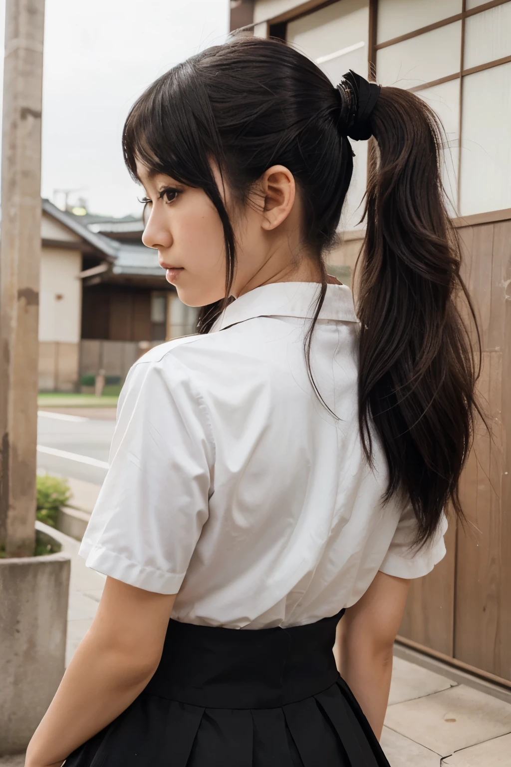 make a japanese high school girl with long black ponytail hair