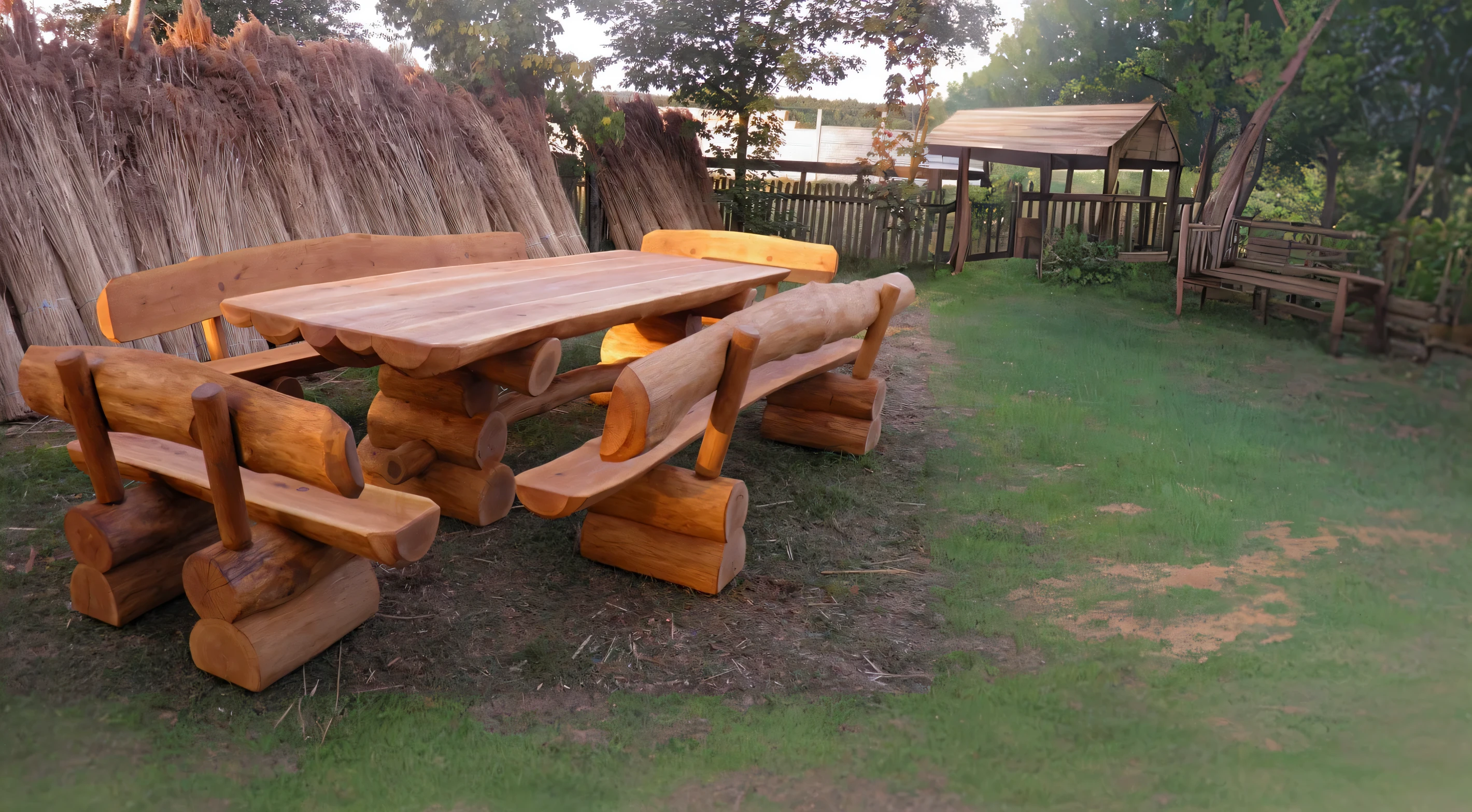 there is a wooden table and bench set in the grass, wooden furtniture, wooden furniture, detailed wooden table, wooden table, with detailed wood, wooden tables, wood table, outdoor, benches, inspired by Slava Raškaj, bespoke, rustic setting, inspired by Vladimír Vašíček, bench, rustic wood