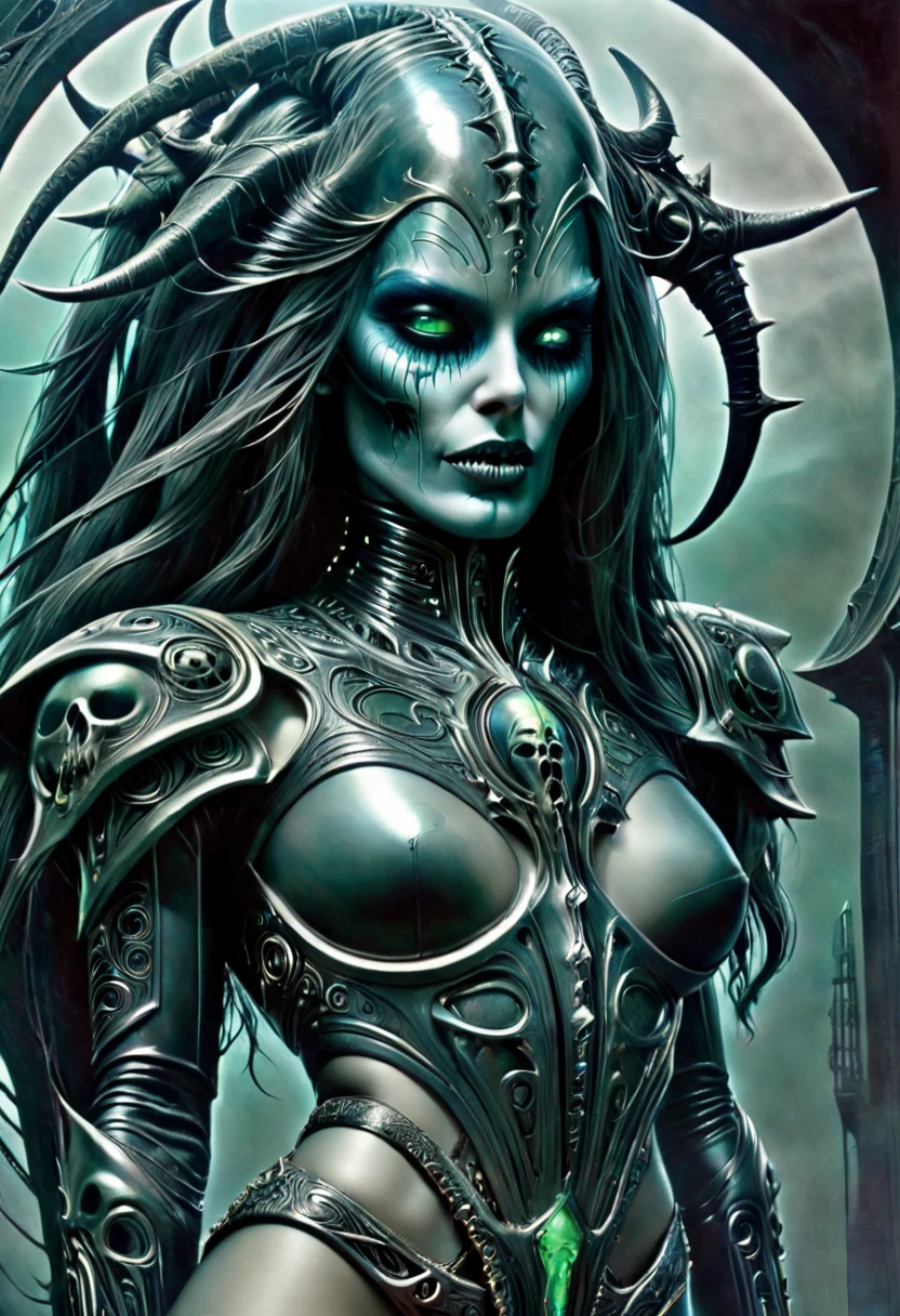 Sexy seductive hr giger tattooed death, undead head, seductive pose,