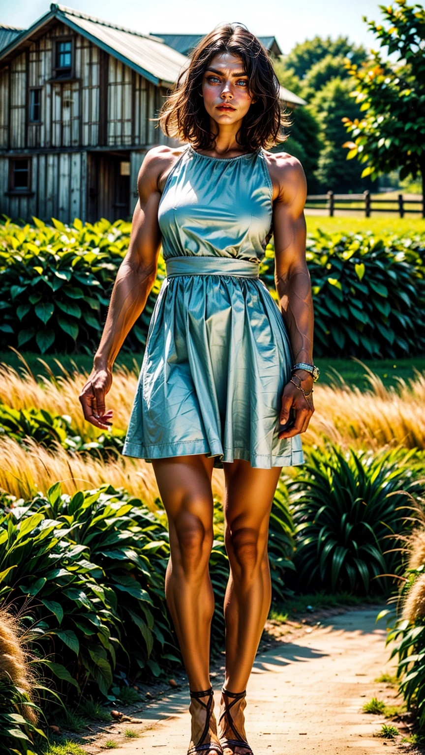 1girl, 20 years old, tall, muscular and very attractive, wearing a cute tight country dress, hair braided, wide shoulders, skinny legs, standing in a rustic farm setting. She has a soft, gentle smile and expressive eyes. In the background are charming barns, golden wheat fields and clear blue skies. The composition should be bathed in warm golden hour light, with soft depth of field and soft bokeh to accentuate the idyllic tranquility. Capture images as if they were shot on vintage 35mm film for added oomph, filmg,