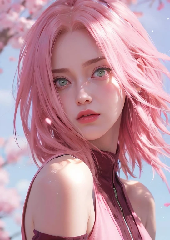 young woman, short shoulder-length pink hair, wide forehead, porcelain skin, pink eyebrows, big emerald green eyes, buttoned nose, full lips, heart-shaped face, slender body, small breasts, red tank top, Sakura Haruno , realistic, realism, details, 3d, well detailed