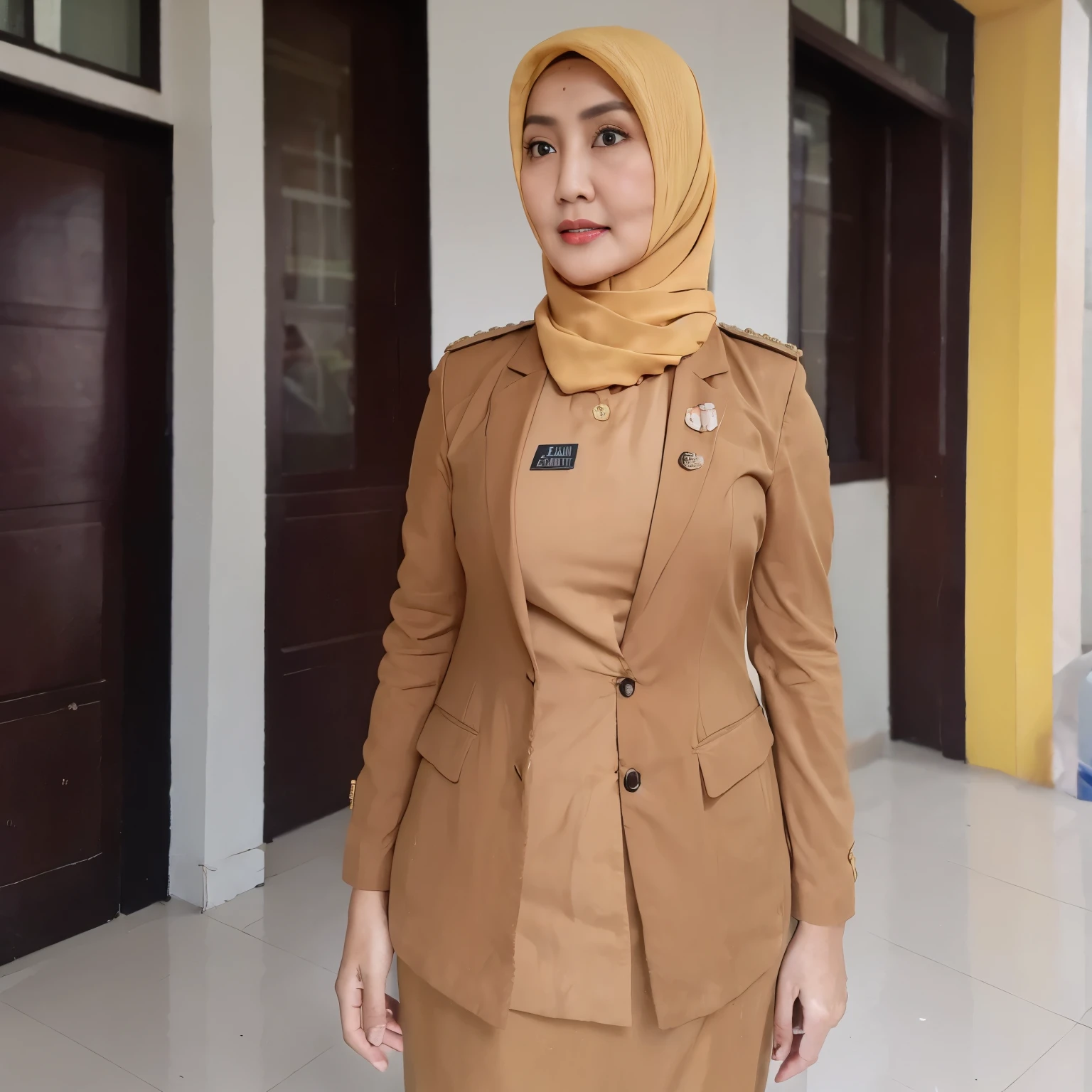 52 years Old, Hijab Indonesian mature woman, Big : 96.9, Blazer, Slim body, Breast about To burst out, at School Corridor, Bright light, at Daytime